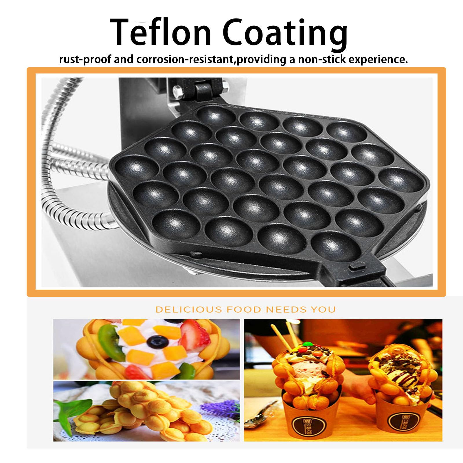Máquina para Hacer Gofres Burbujas Comercial,Plancha Hojaldre con Burbujas Huevo 1400 W/Mango Madera Y Giratorio 180°,Panadero Acero Inoxidable,Ajustable A 50-250 ℃