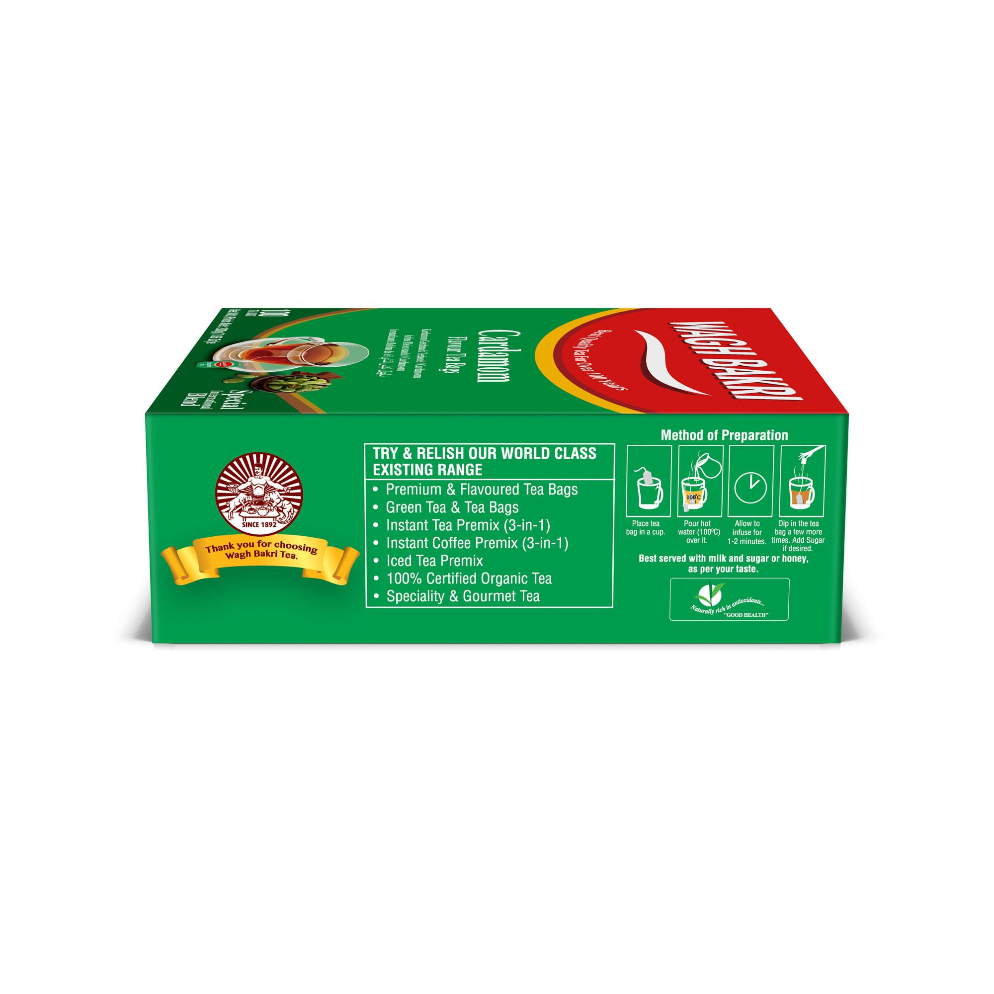 Wagh Bakri Cardamom Flavour Tea bags, 100 Tea Bags of Special International Blend, 200 grams