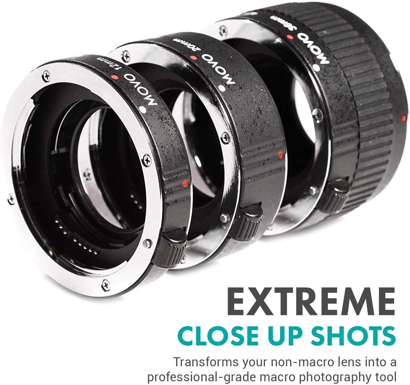 Movo MT-S68 3-Piece AF Chrome Macro Extension Tube Set for Sony Alpha DSLR Camera, A-Mount Lens System with 12mm, 20mm, 36mm Tubes