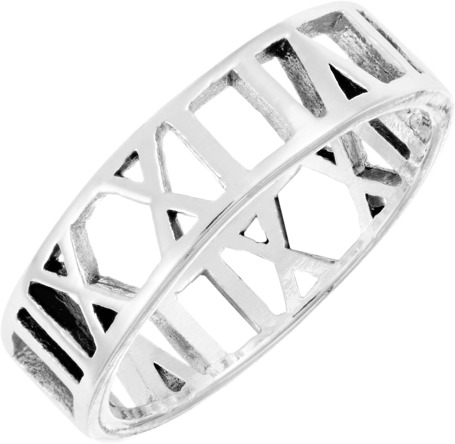 Silverly Classic 5.6mm Sterling Silver Ring With Roman Numerals - Elegant Cut-Out Roman Numbers Band - Elegant Rome Style Wedding Ring for Women and Men