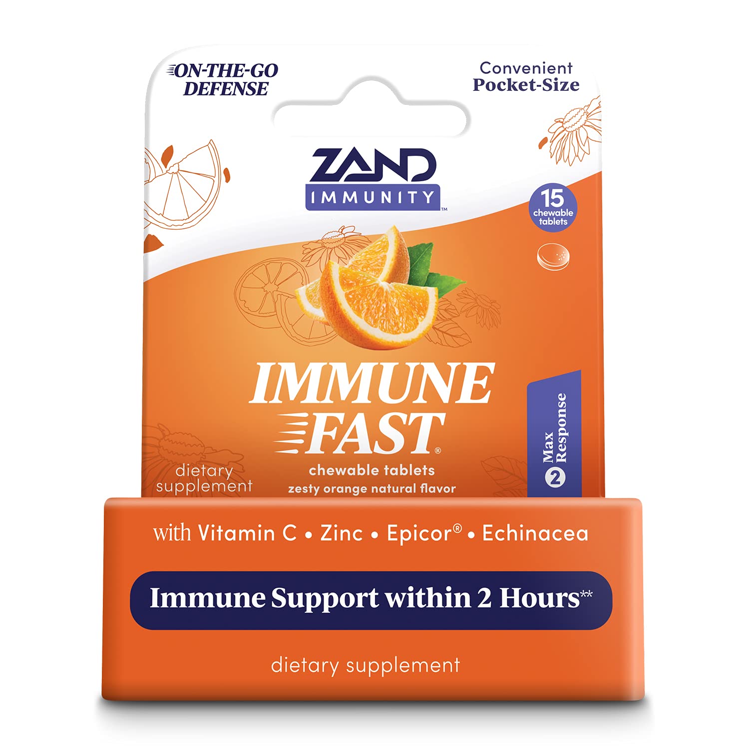 Immune Fast Zesty Orange Chews Boosts Immune Response & Cell Activity w/EpiCor & Echinacea, 15 Tablets, 5 Serv.