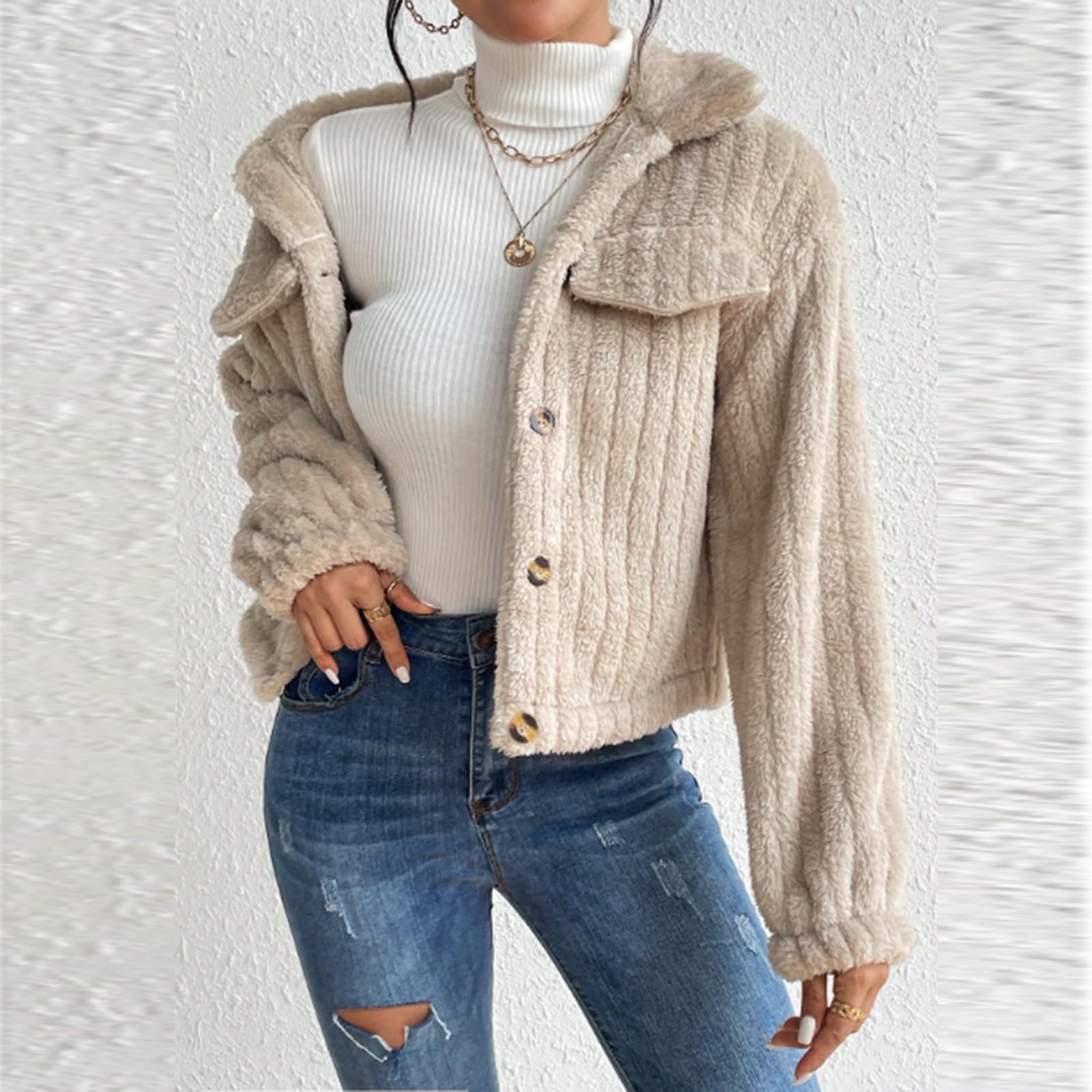 Generisch Fleecejacke Damen Warm Winterjacke Mit Knöpfen Teddyjacke Winter Kurz Plüschjacke Elegant Damen-Jacken Langarm Plüschmantel Winddicht Flauschjacke Kuschelig Wintermantel Outdoor Casual
