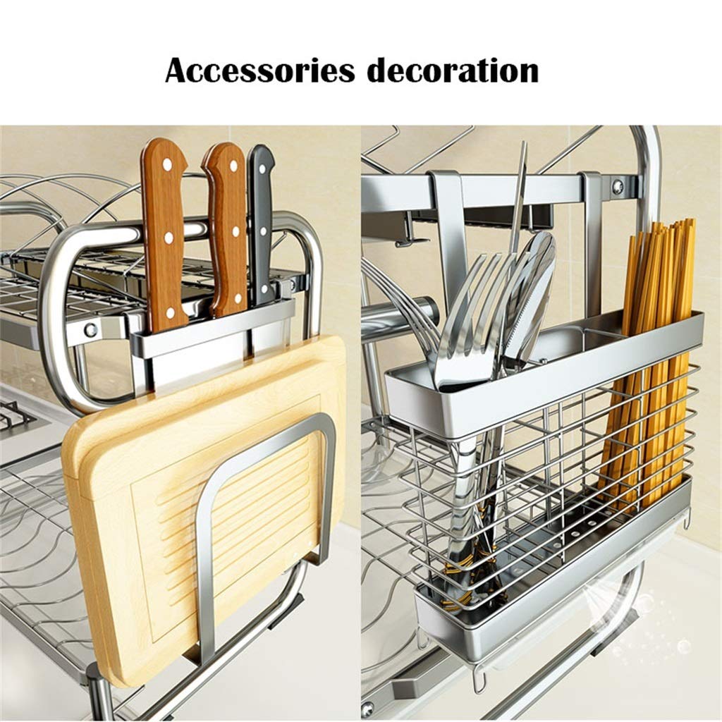 Küchenabtropfgestell Wäscheständer | Multifunktions 2-Tier rostfrei Edelstahl Abtropfgestell Besteckhalter Organisation Regal mit Abtropfschale, Silber