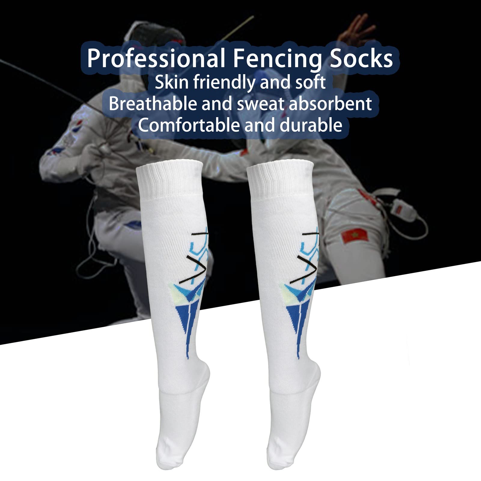 Tnfeeon Chaussettes d'escrime pour Adultes, Bas d'escrime de Protection Absorbant la Transpiration à Motif Bleu épaissi pour l'entraînement des Femmes