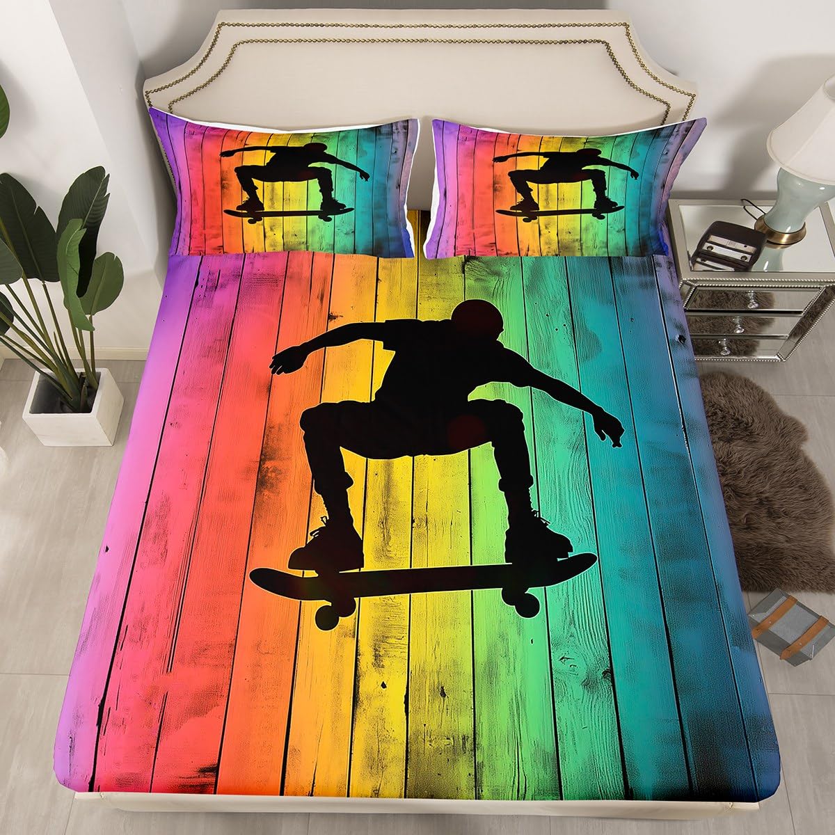 Erosebridal Skateboarding Bed Sheets Queen Size Sports Fitted Sheet for Teens Men Women Rainbow Wooden Stripe Retro Red