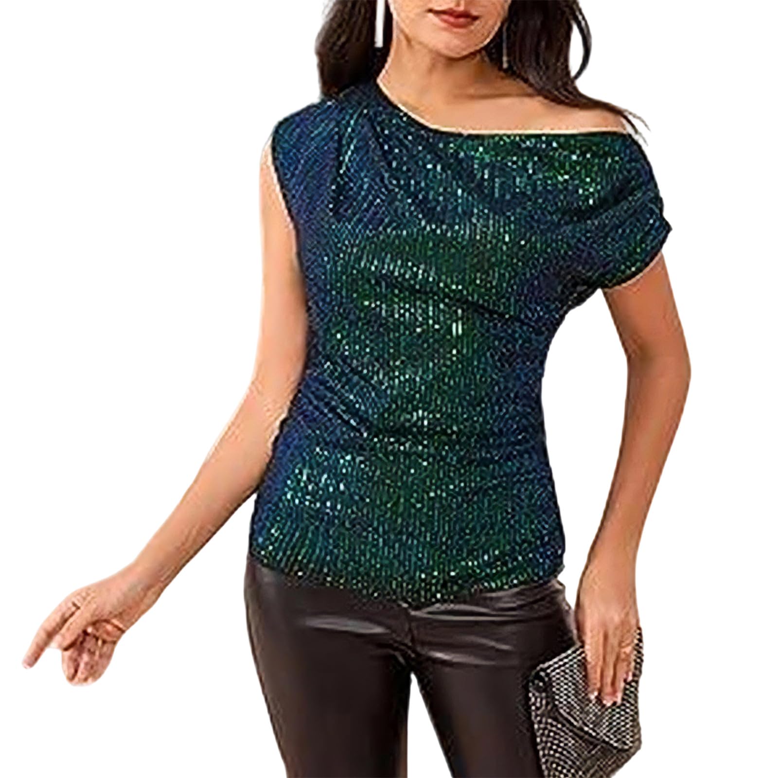 BELOWSYALER Off Shoulder Sequins Top Elegant Sparkly Shirt for Women with Asymmetrical Ruched Feature for Dance Parties Polyester Evening Top