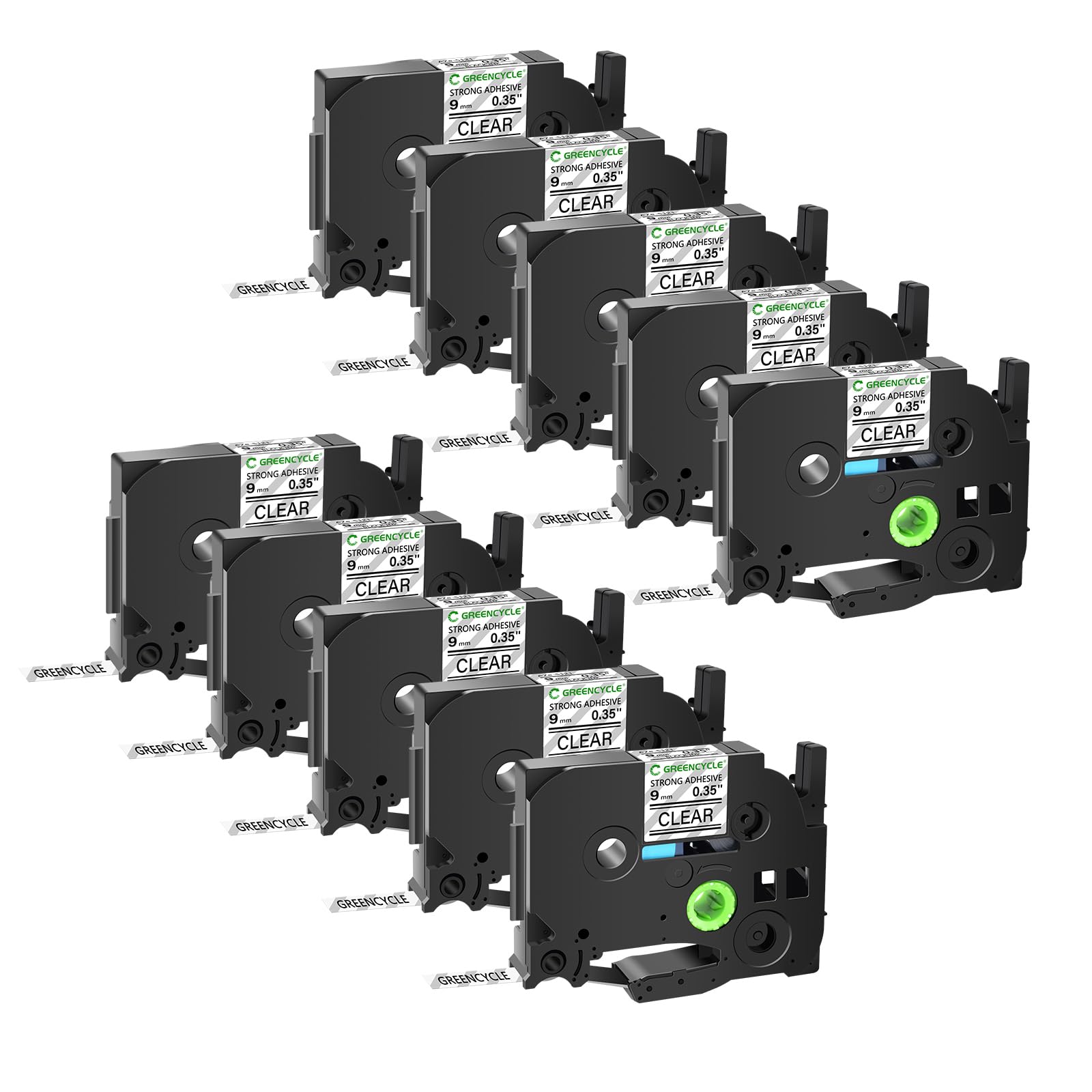 GREENCYCLE Extra Strength Label Tape TZe-S121 9mm 0.35" Laminated Clear Compatible for Brother P-Touch TZeS121 TZ-S121 TZe TZ 3/8 inch Black on Clear Label Tape for PT-D200 PT-D210 PT-D220, 10 Pack