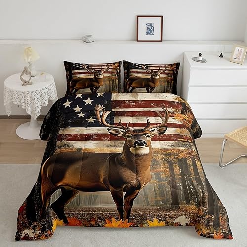 Miniatura 1 de Erosebridal Juego de edredón de caza de ciervos, tamaño individual, ropa de cama de ciervos con bandera estadounidense, juegos de edredón de alce y