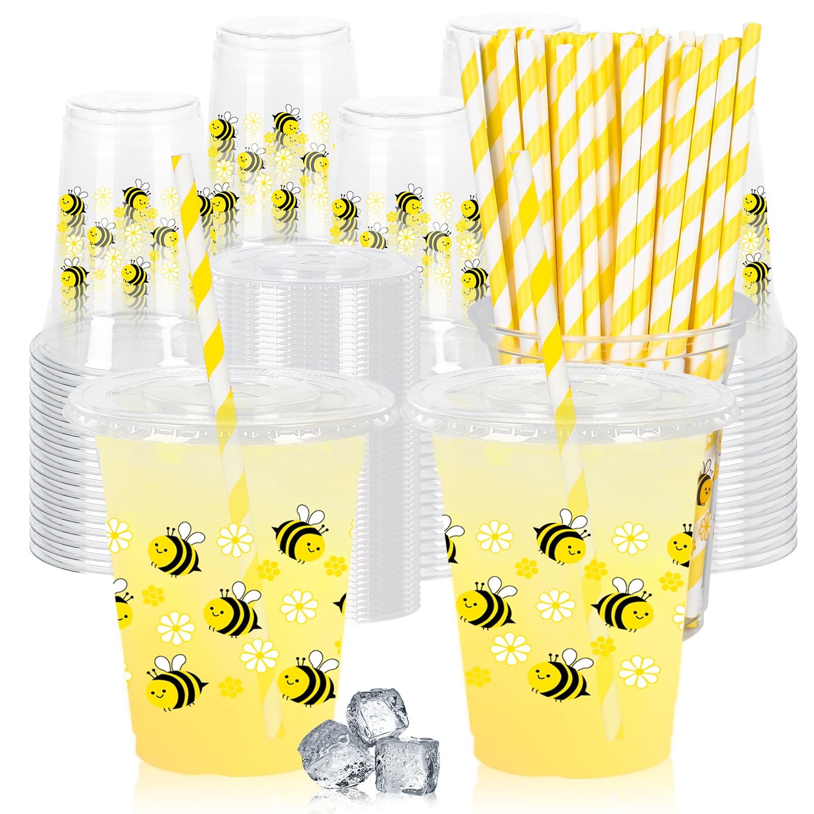 FYSUIMU 50Pcs 12Oz Floral Bee Plastic Cups with Lids & Straws Disposable Clear Drinking Cups for Summer Birthday Baby Shower Party Supplies