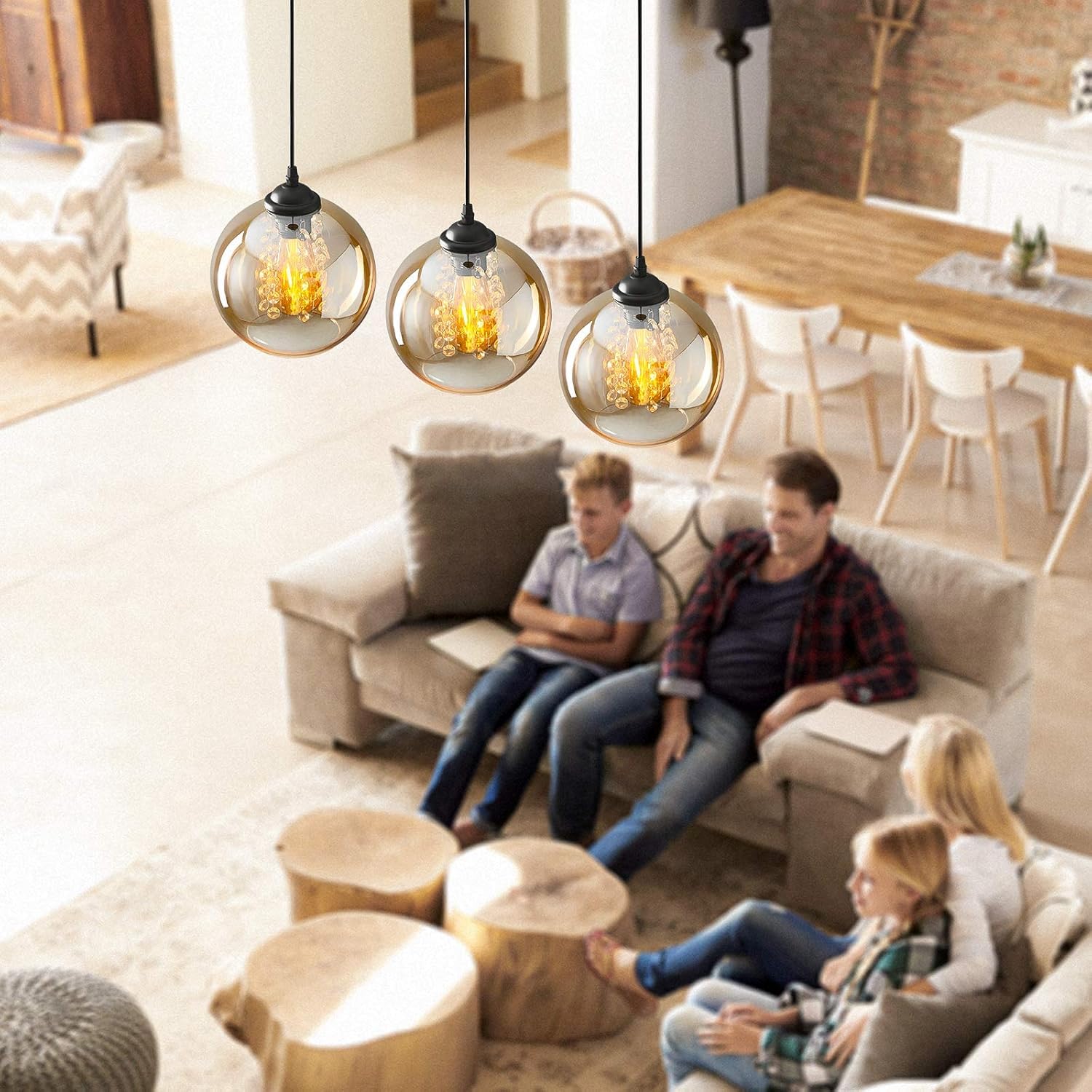 H.W.S Szklana lampa wisząca, kryształowa, nowoczesna, kulista, żyrandol, kreatywny design, lampa wisząca, z regulacją wysokości, dekoracja do wnętrz, lampa wisząca do salonu (amber, 3 palące się