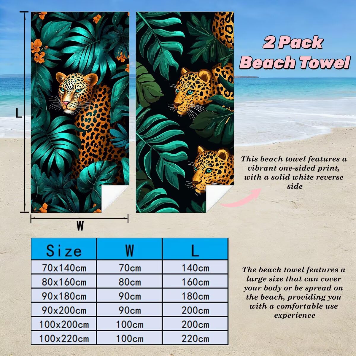 Toalla Playa 90x180 cm, Toalla Gimnasio Microfibra Secado Rapido, Juego de 2 Antiarena Toallas de Playa, Ligera Compacta Toallas Microfibra Grande para Viaje, Regalo Hombre Mujer (Leopardo) -4267