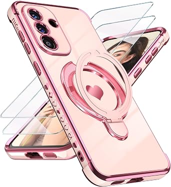 Cute Plated Gold Phone Case for Samsung Galaxy S25 FE - Pink | Screen Protector+Ring Metal Kickstand,Love Heart Pattern,Slim Soft TPU Full Camera Shockproof Protection Cover for S25 FE