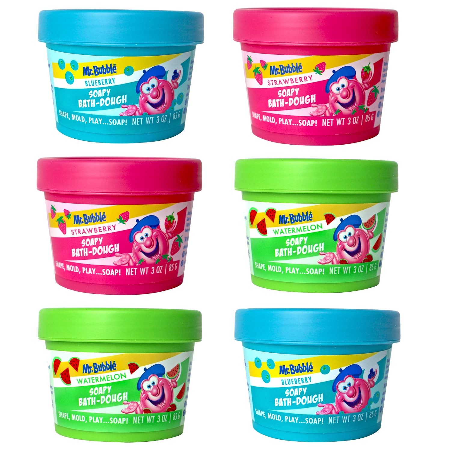 Mr. Bubble Soapy Bath Dough, Three Assorted Colors and Scents, Pack of 6
