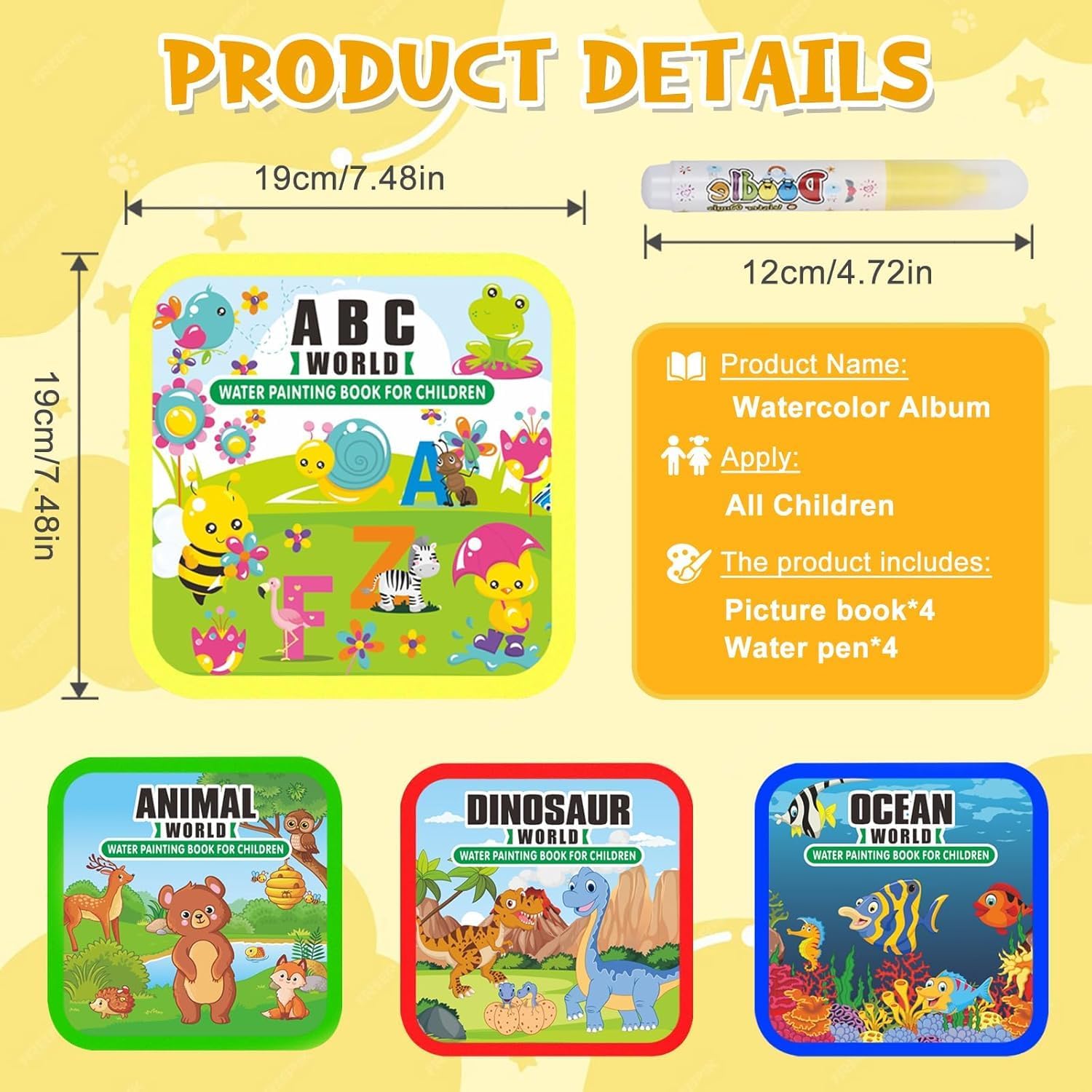 Wickston Reusable Magic Water Colouring Book Set for Kids | Mess-Free Painting with Water Pens | Educational Drawing Activity Book for Toddlers | Travel-Friendly Learning Kit (Animal World)