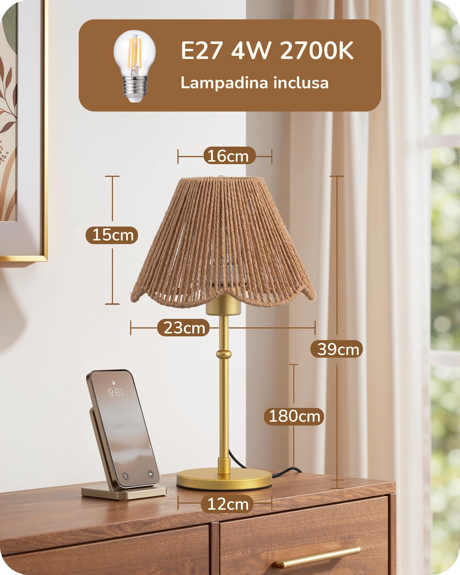 EDISHINE Lampada Tavolo E27, Paralume Corda Carta, Base Metallo Dorata | Bianco Caldo 2700 K, Paralume in Corda Carta Intrecciata a Mano, Lampadina LED Inclusa, Decorativo per Camera, Soggiorno