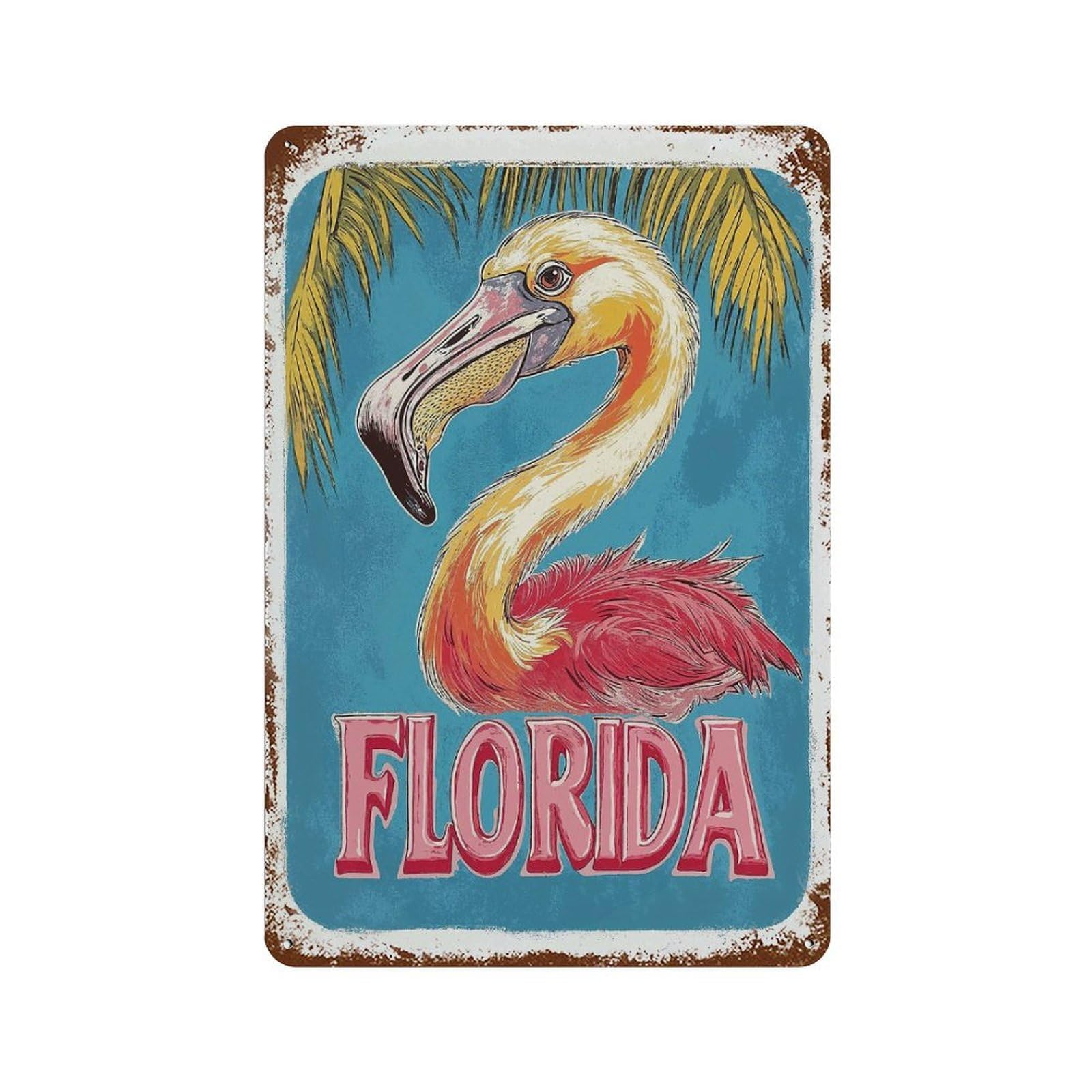 Florida Flamingo Travel US 11.8"x7.9" Aged Metal Wall Plaque, Novelty Wall Decor for Shed, Workshop And Garage Wall Decor