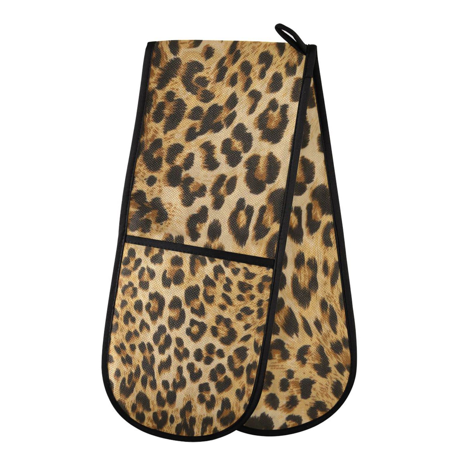 Double Oven Glove Leopard Print Heat Resistant Double Ovens Mitt Modern Cooking Gloves Potholders