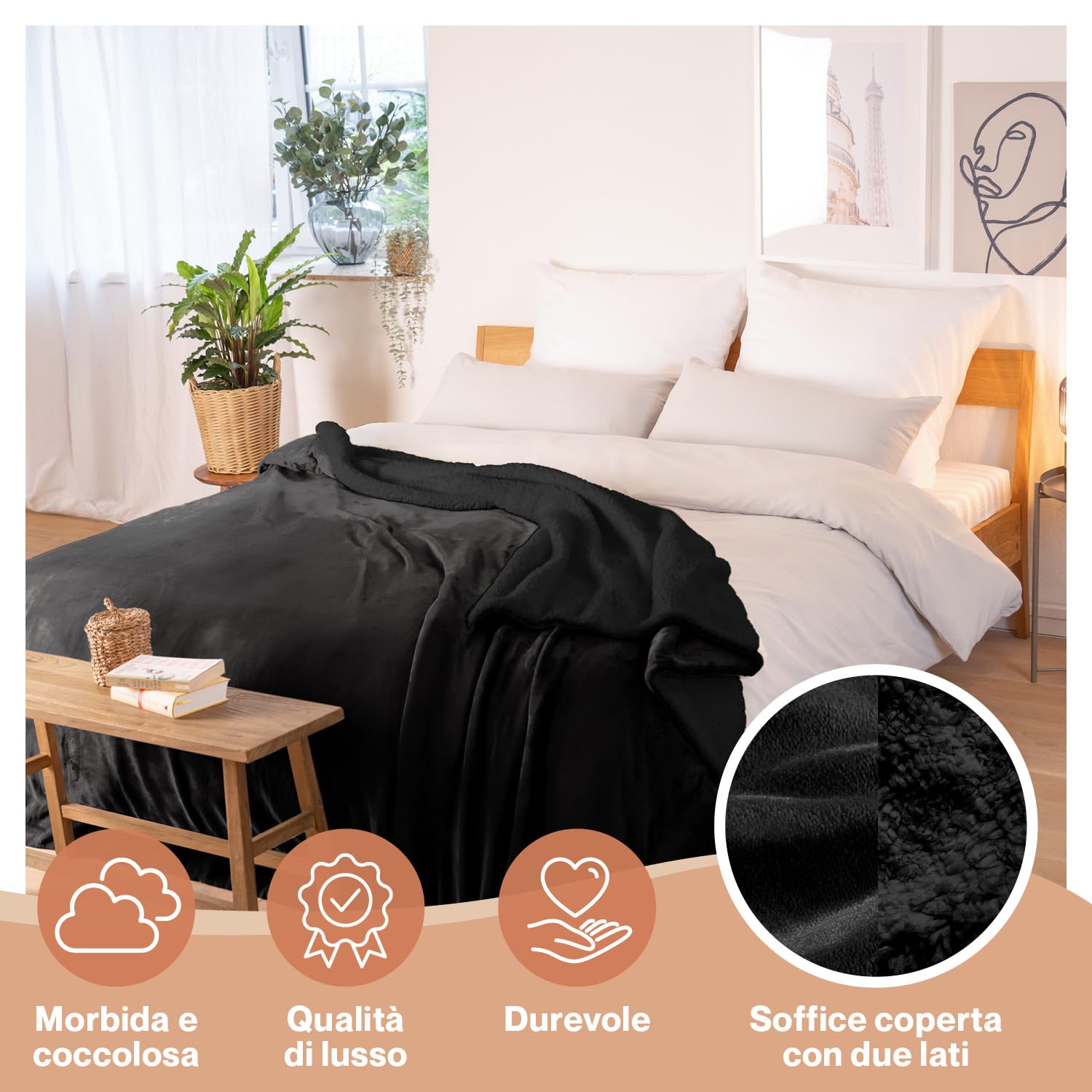 Blumtal Plaid in pile 230 x 270 – Plaid nero certificato Oeko-TEX®, plaid in pile Sherpa, coperta in pile di alta qualità, morbido, caldo, morbido, nero