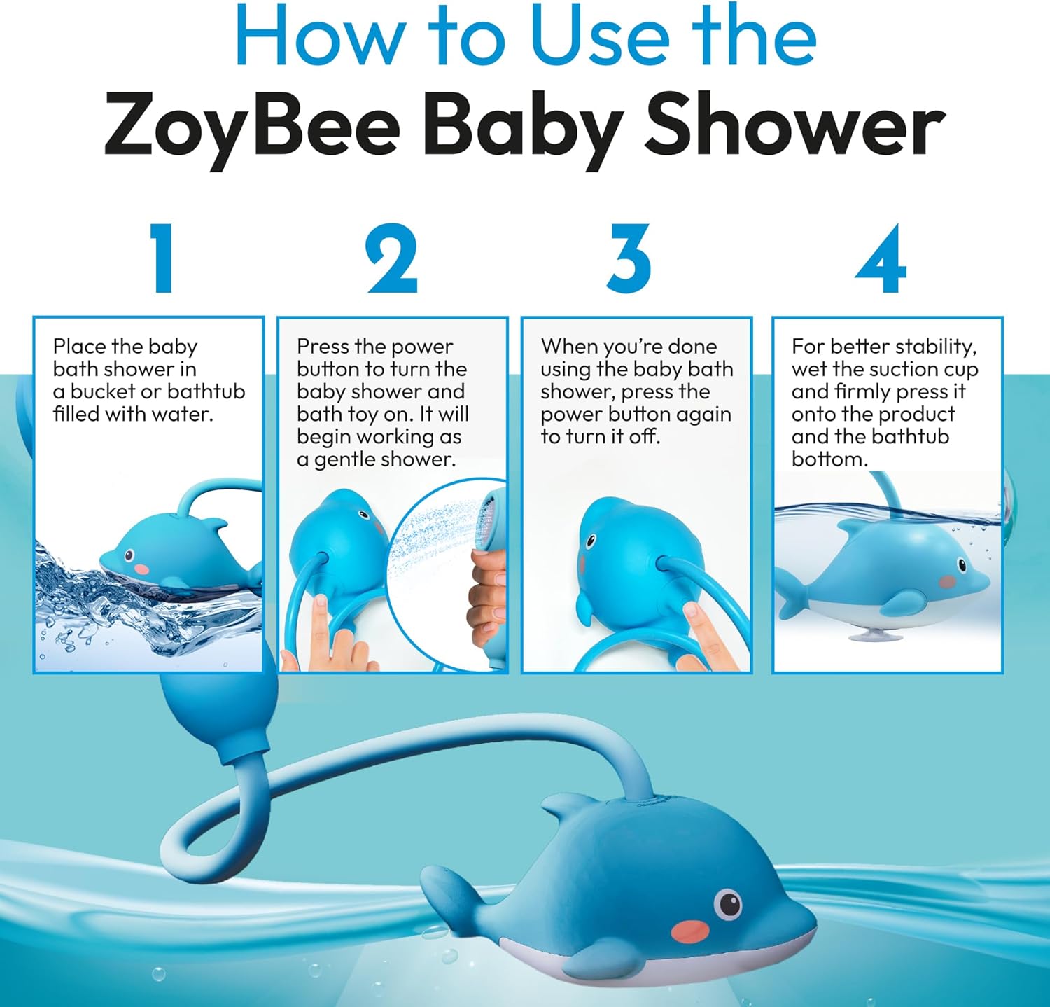 Rechargeable Baby Bath Shower Head for Bathtub - Kids Toddler Sprayer Showerhead Toys with Hose & Easy Water Flow Control - Dolphin Toy Sprayer for Babies Babybath Tub