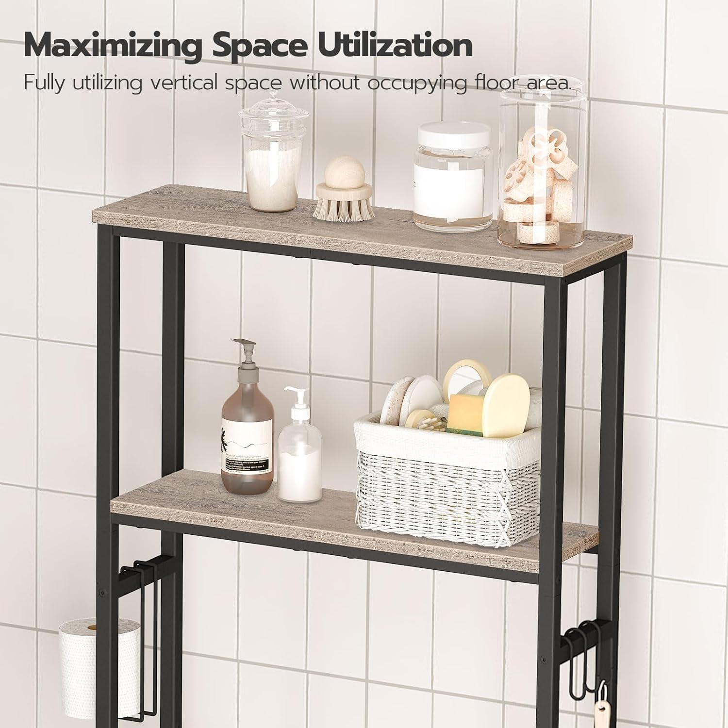 HOOBRO Over-The-Toilet Storage, 2-Tier Bathroom Organizer Over Toilet, Bathroom Shelves with Toilet Paper Holder and Hooks, Freestanding Storage Shelf, Space Saver, Greige and Black BG49TS01