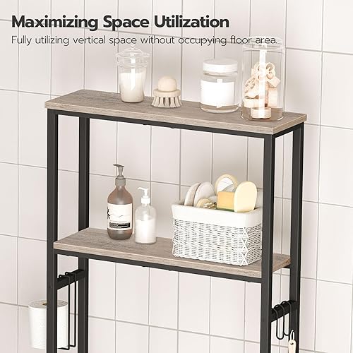 Miniatura 5 de HOOBRO Almacenamiento sobre el inodoro, estante organizador de baño de 2 niveles, con soporte para papel higiénico y ganchos, resistente y duradero,