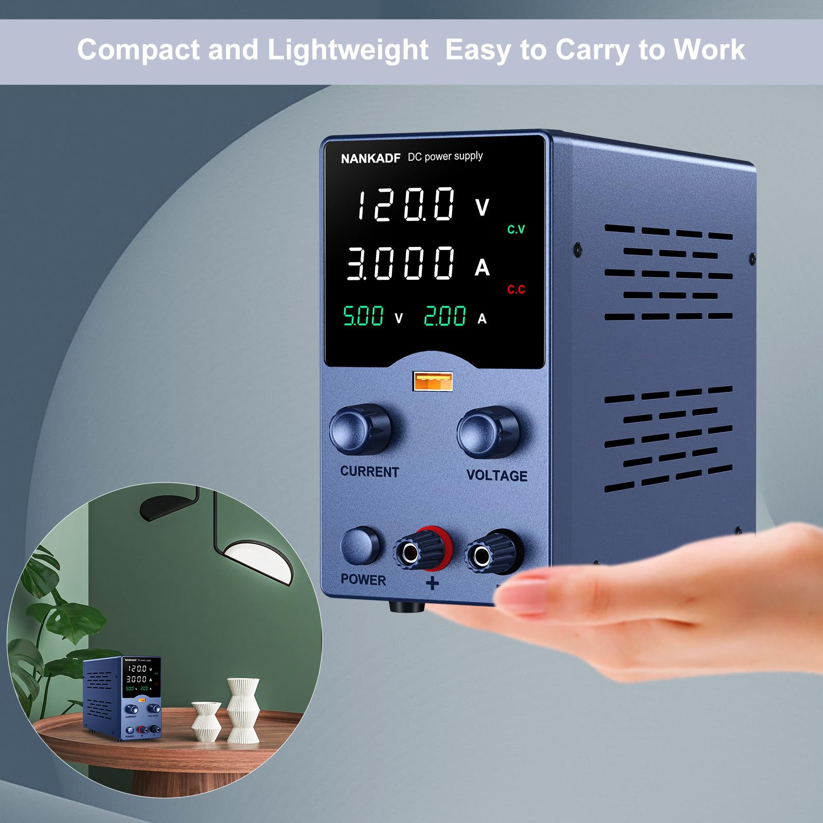 Labornetzteil, DC-Netzteil, Labornetzgerät mit Drehknopfverstellung, einstellbares Schaltnetzteil mit 5V 3,6A USB-Schnellladefunktion (120V 3A)