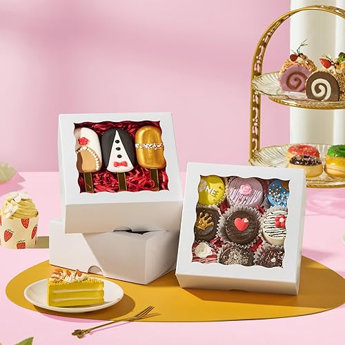 Miniatura 4 de RomanticBaking 54 cajas de panadería con ventana de 6 x 6 x 2.5 pulgadas, cajas de fresa, cajas pequeñas para pasteles, cajas de macarrones, cajas
