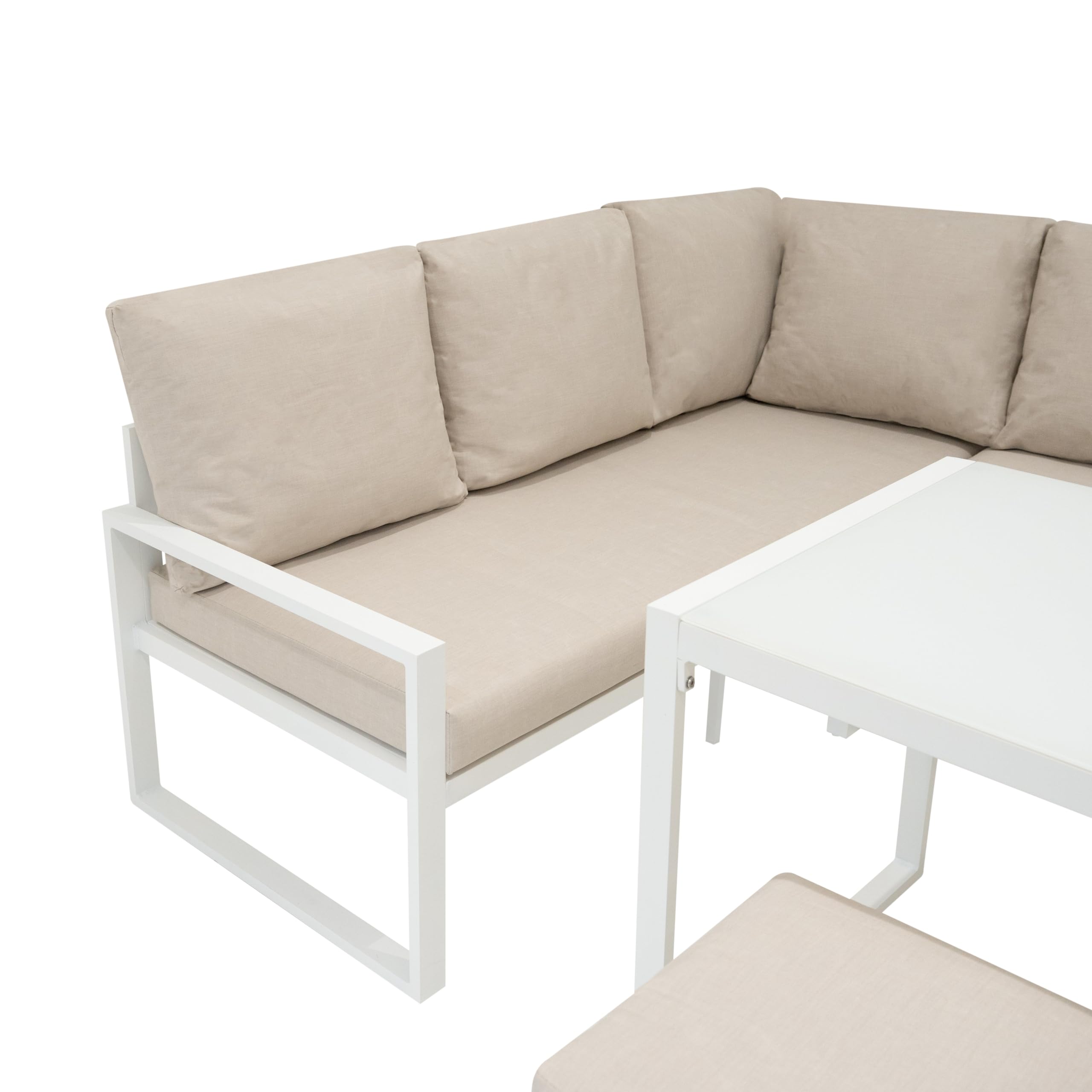 Set Mobili da Giardino in Alluminio 7 Posti Divano Angolare da Esterno con Tavolo da Pranzo in Vetro Temperato e 2 Sgabelli, Cuscini Lavabili, Copertura Impermeabile Inclusa - Bianco