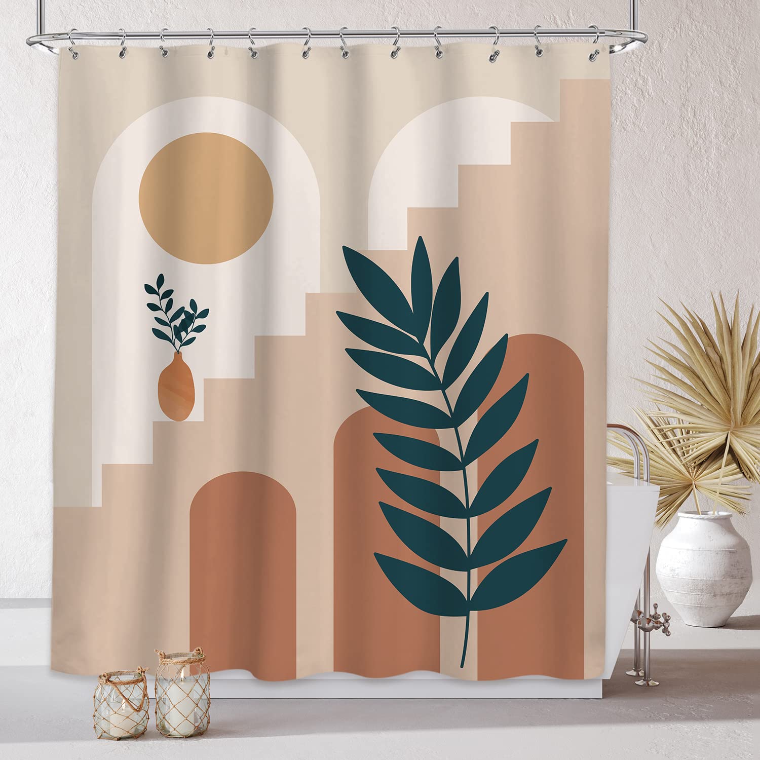 LIGHTINHOME Abstract Mid Century Shower Curtain 60Wx72H Geometric Arch Eucalyptus Leaves Terracotta Modern Simple Aesthetic Art Fabric Waterproof Home Bathroom Decor 12 Pack Plastic Hooks