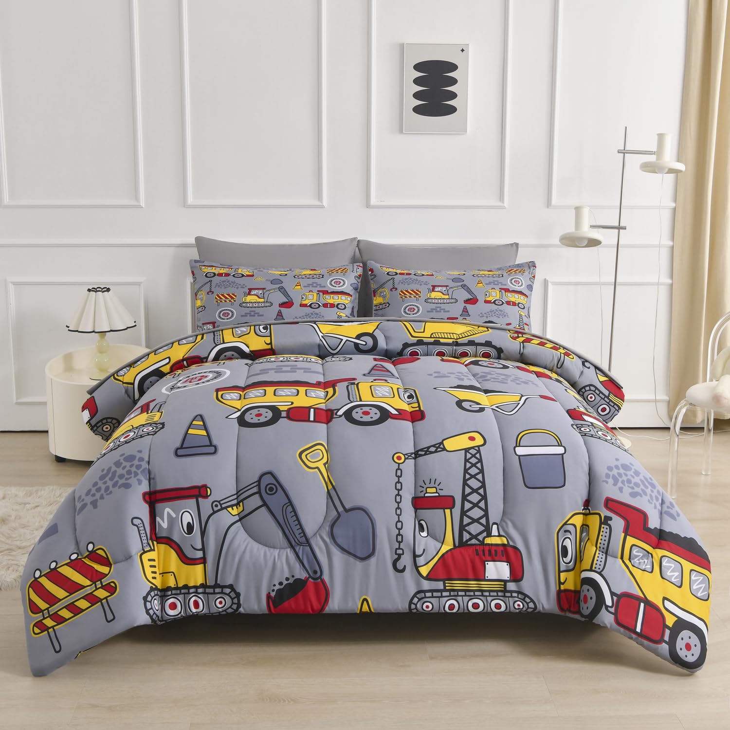 Decoreagy Kids Queen Comforter Set 5 Piece Bed in a Bag,Soft Grey Full Bedding Sets for Girls Boys,Lightweight Monster Truck Pattern Comforter with Sheet Sets,All Season Bed Set(Grey,88”x88”)