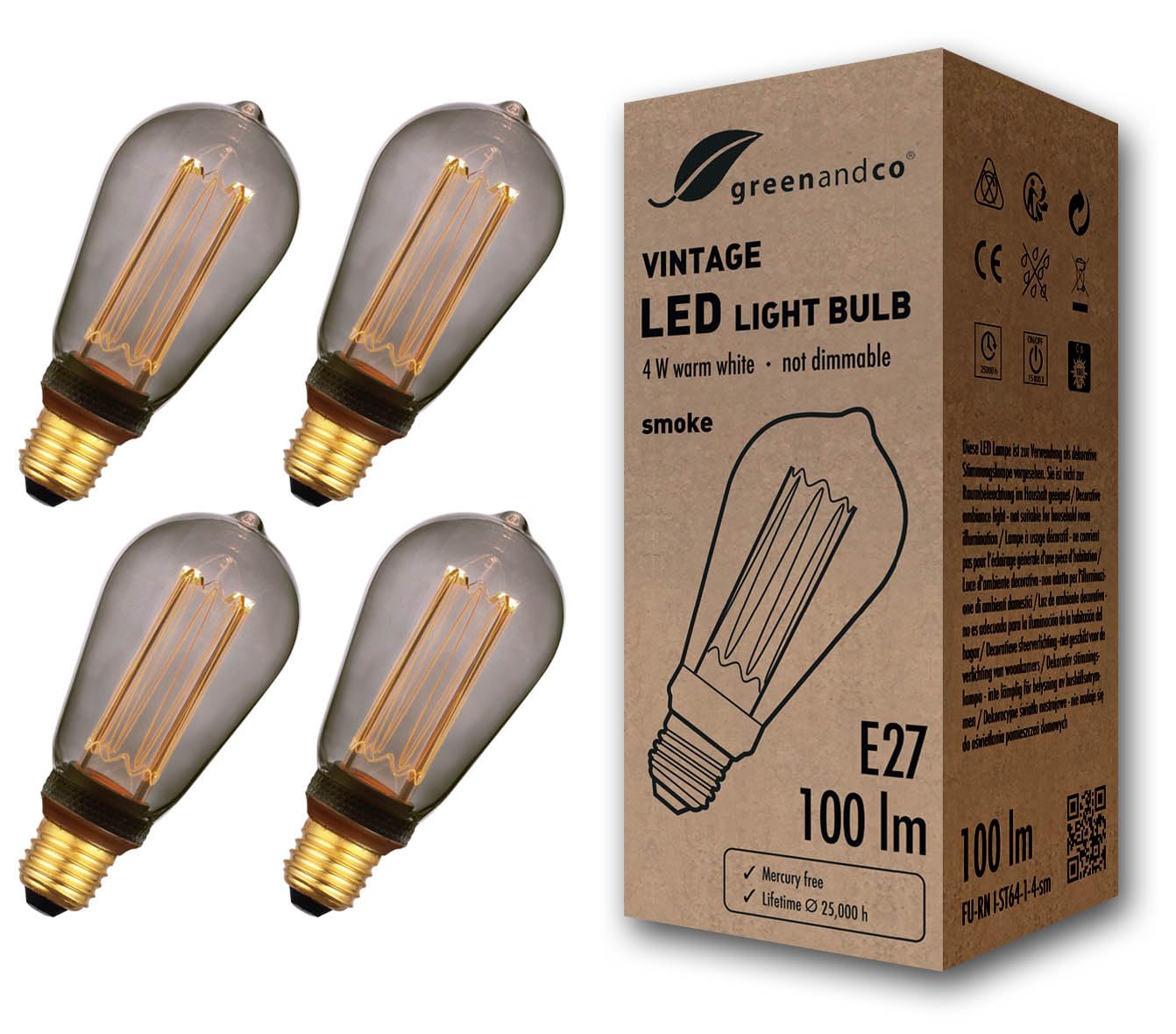 greenandco 4x Bombilla LED Decorativa Edison Estilo Vintage | E27 ST64 | Gris | 4W 100lm | 1800K Blanco Extra Cálido | 320° | 230V | Sin Parpadeos | No Regulable
