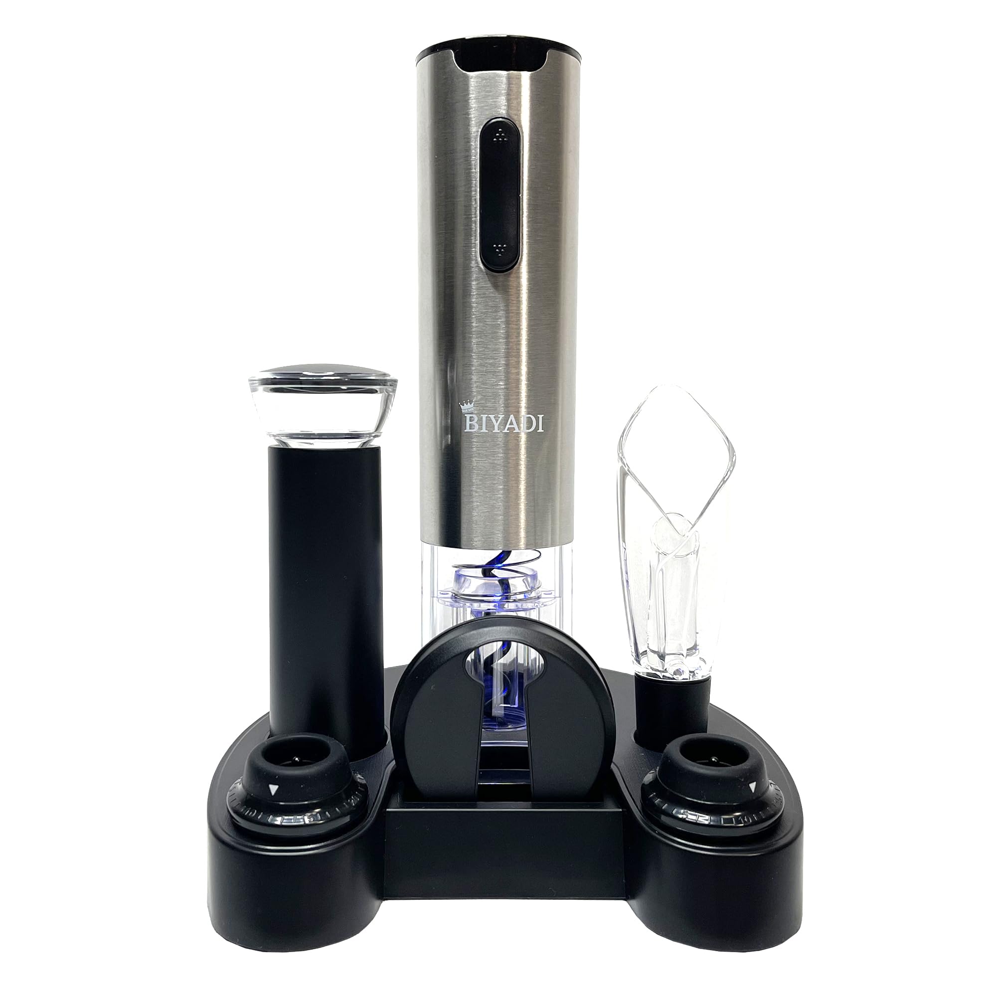 Elektrisches Weinöffner-Set mit 6-in-1-Weinzubehör, wiederaufladbarer automatischer elektrischer Korkenzieher, Folienschneider, Weinausgießer, Vakuumpumpe, 2 Weinstopfen, Ladeständer -