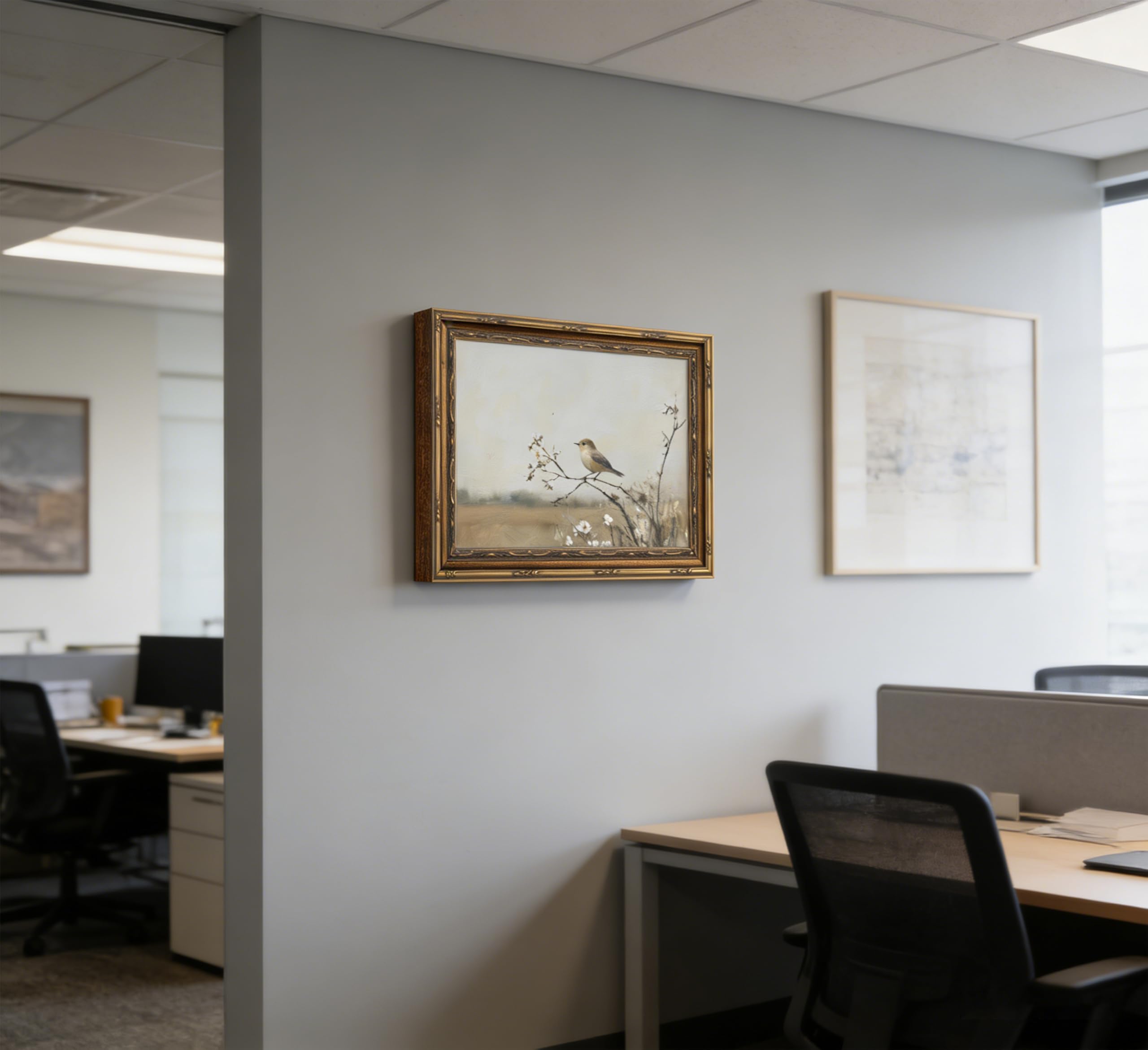 Vintage Gold Framed Bird Wall Art Spring Songbird on Floral Branch Painting Canvas Rustic Nature Woodland Picture Wall Decor Muted Farmhouse Print Artwork For Living Room Bedroom Entryway - 4