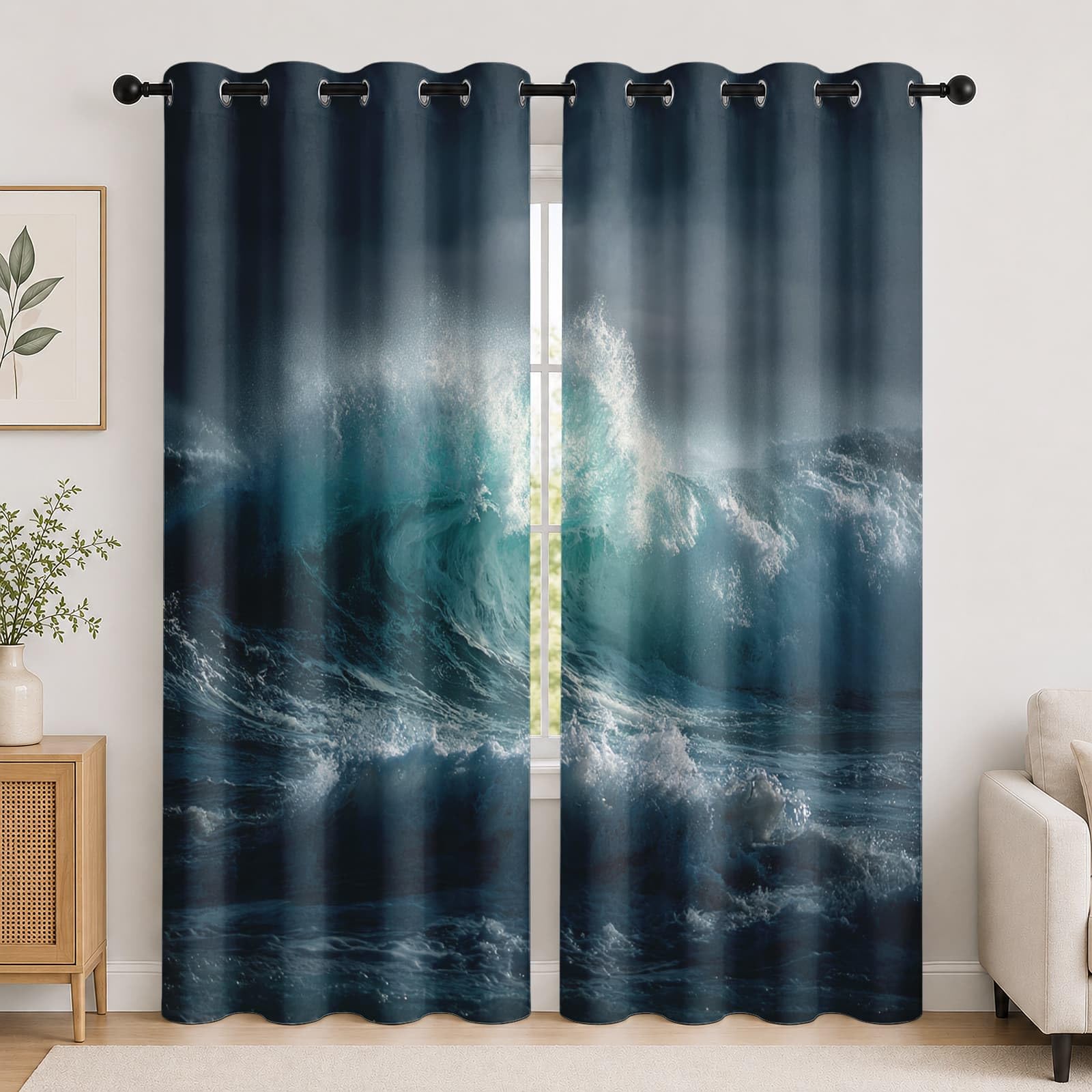 Genérico Infantil Cortinas Opacas Aislantes 2 Paneles 140An x 260Al cm Realista OcéAno Tormenta Suave Poliéster Termicas Cortina con Ojales Verde para Salon Dormitorio Oficina Hogar Decorativa