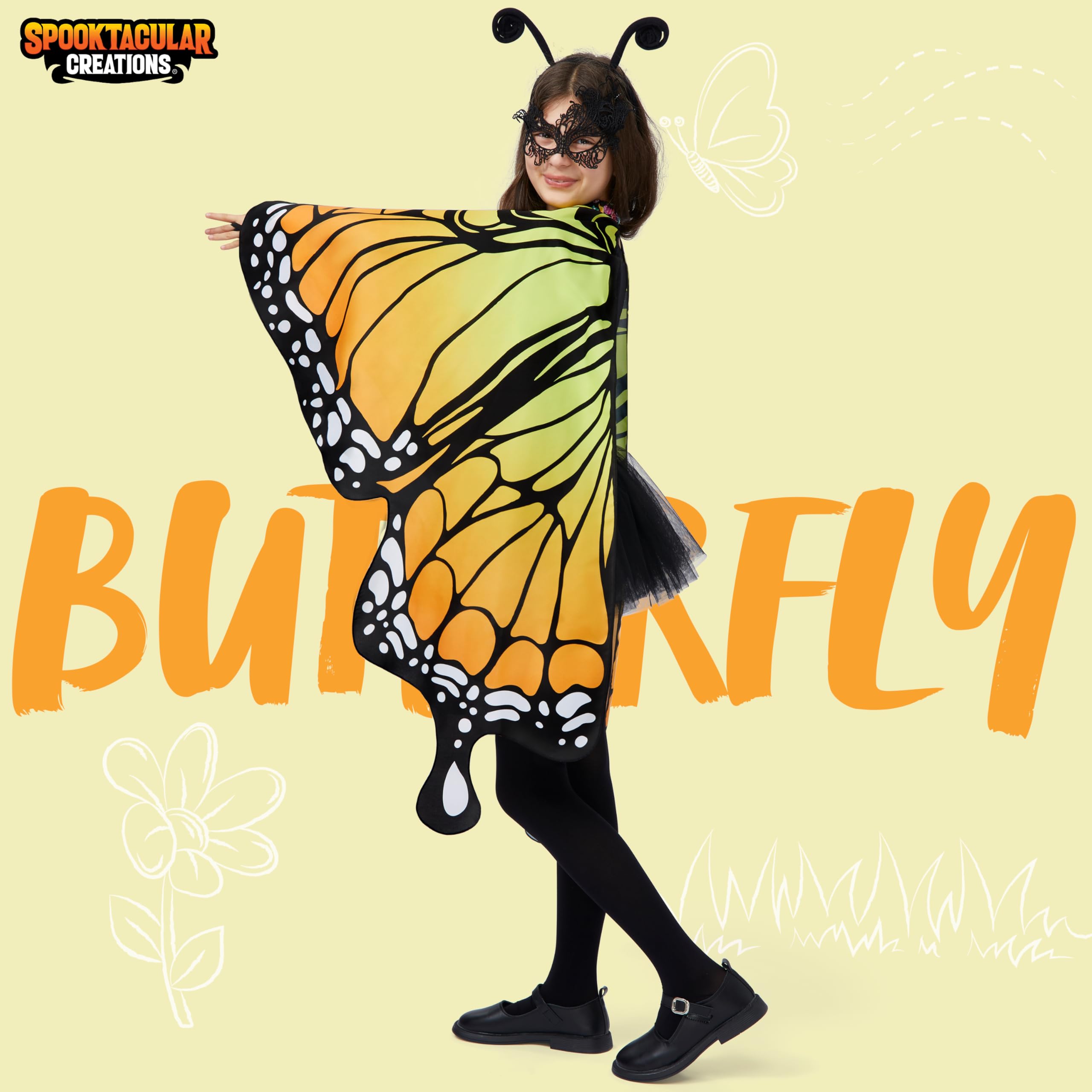 Spooktacular Creations Orange Butterfly Wing Kids, Halloween Butterfly Costume for Girls with Lace Mask and Bug Headband for Halloween Costume Party