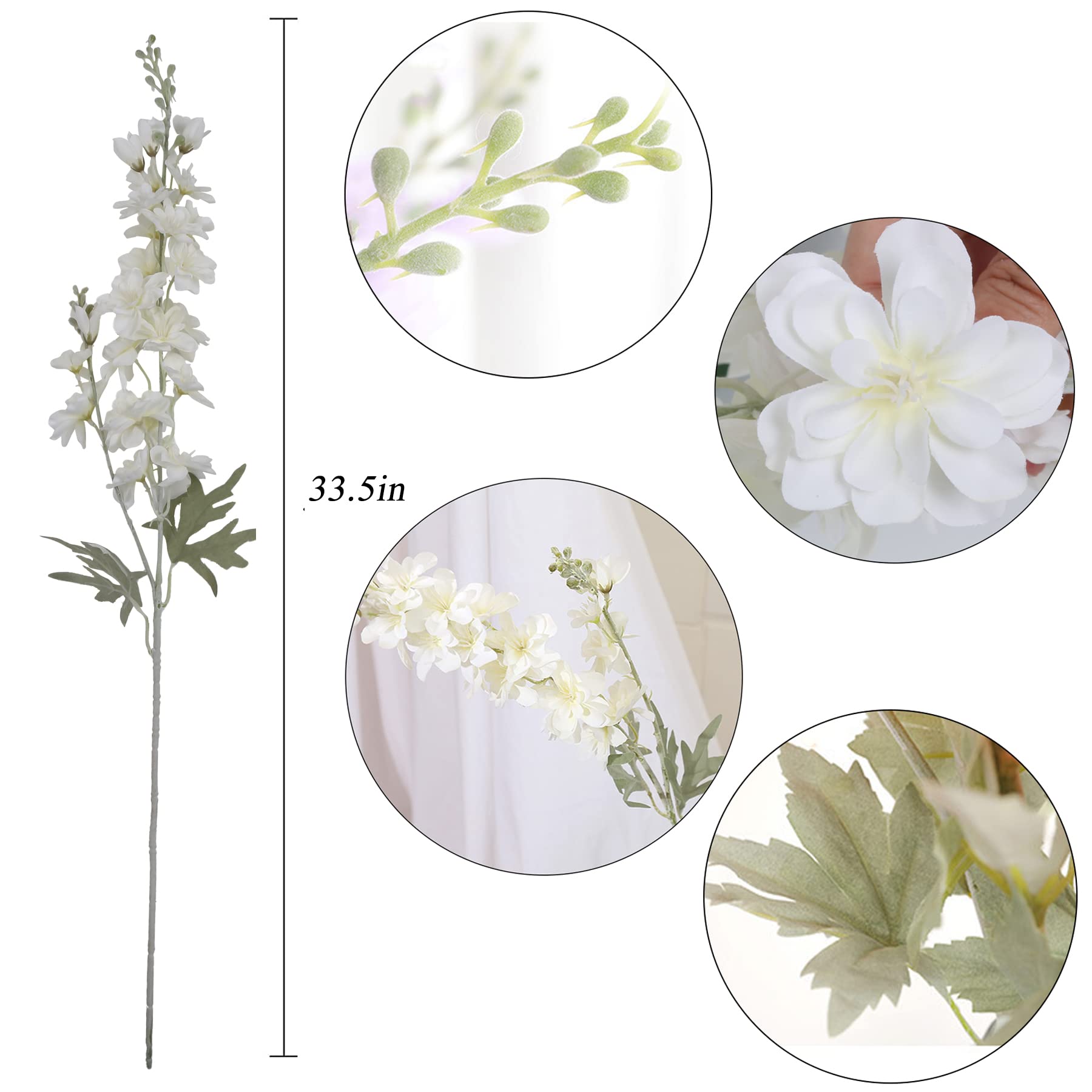 IPOPU 6pcs Delphinium Artificial Flowers White Larkspur Artificial Flowers, 33.5in Fake Flowers Bulk Silk Flowers with Stems Real Look for Home Garden Wedding Arrangement Decor(White)