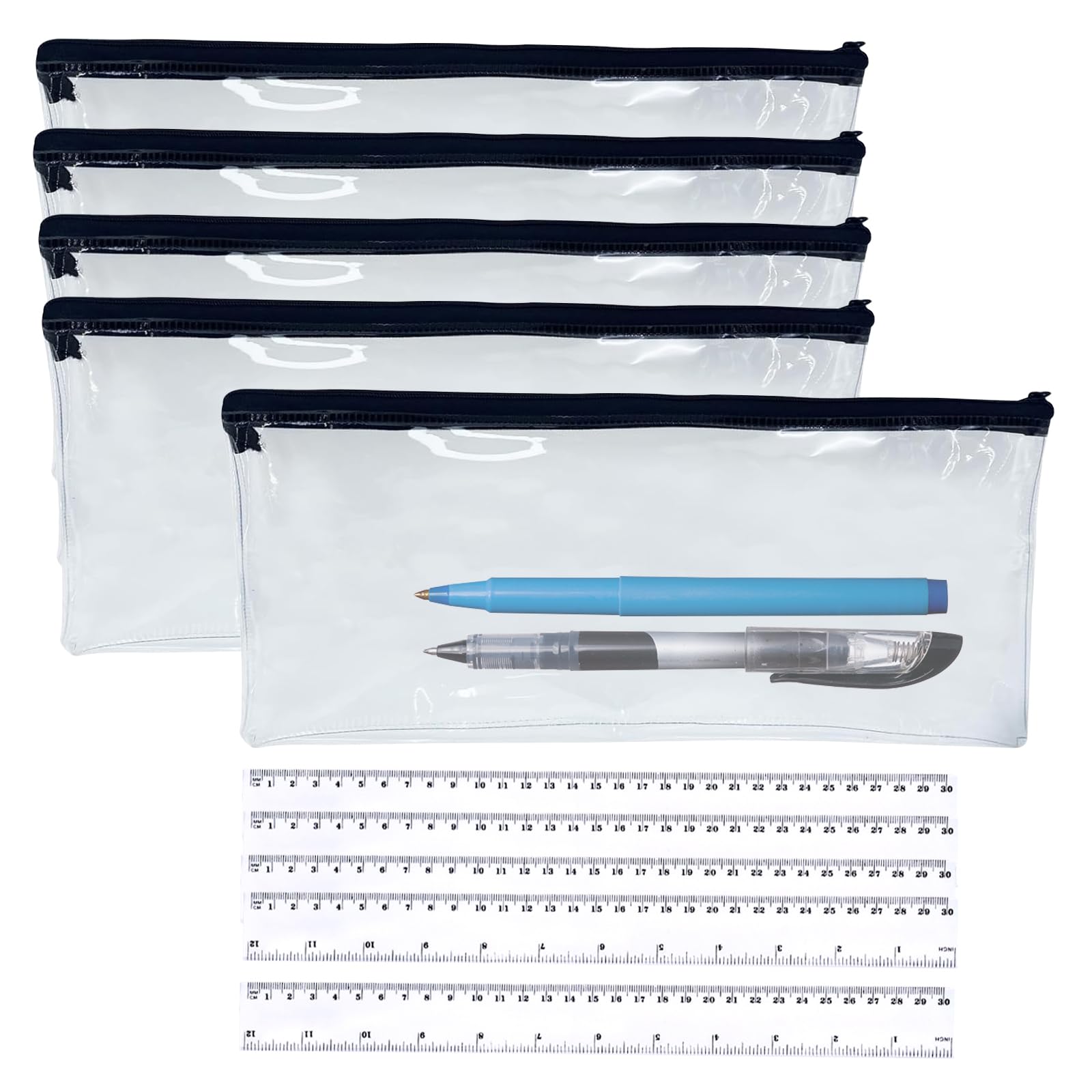 HEUIOP 5 Pcs Clear Pencil Case for Exams with 5 Pcs 30cm Ruler, See Through Pencils Cases with Black Zip, Large Capacity Transparent Pencil Case for Office School or Travel Storage