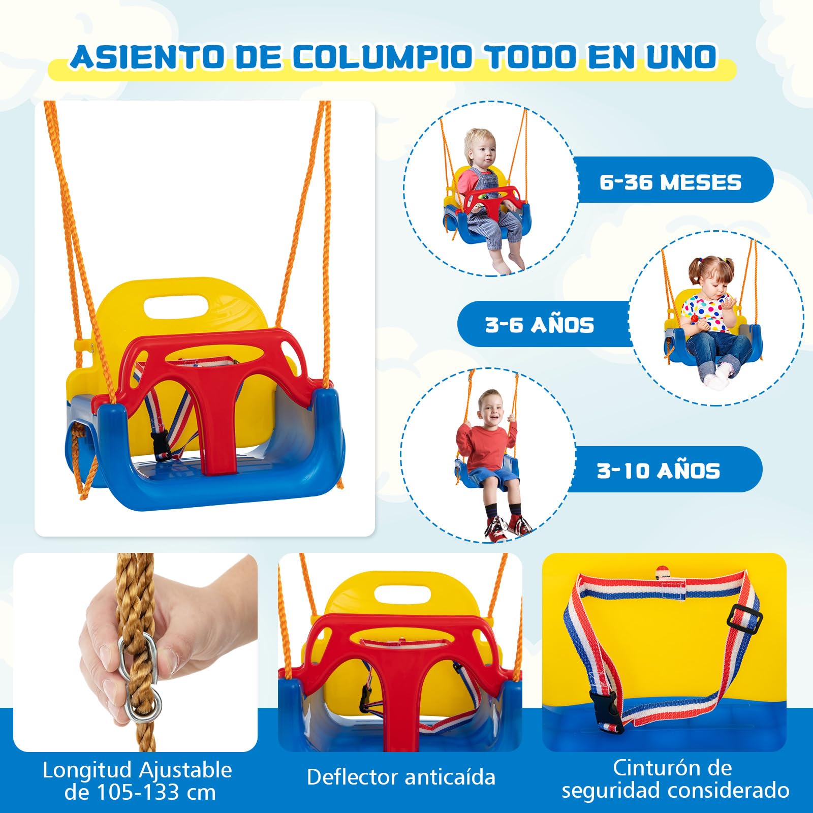 GOPLUS Columpio de Exterior de 3 plazas, Capacidad de Carga 300 kg con cinturón Ajustable, Columpio de Surf y Asiento de Columpio de bebé para jardín y terraza, para niños de 3-10 años