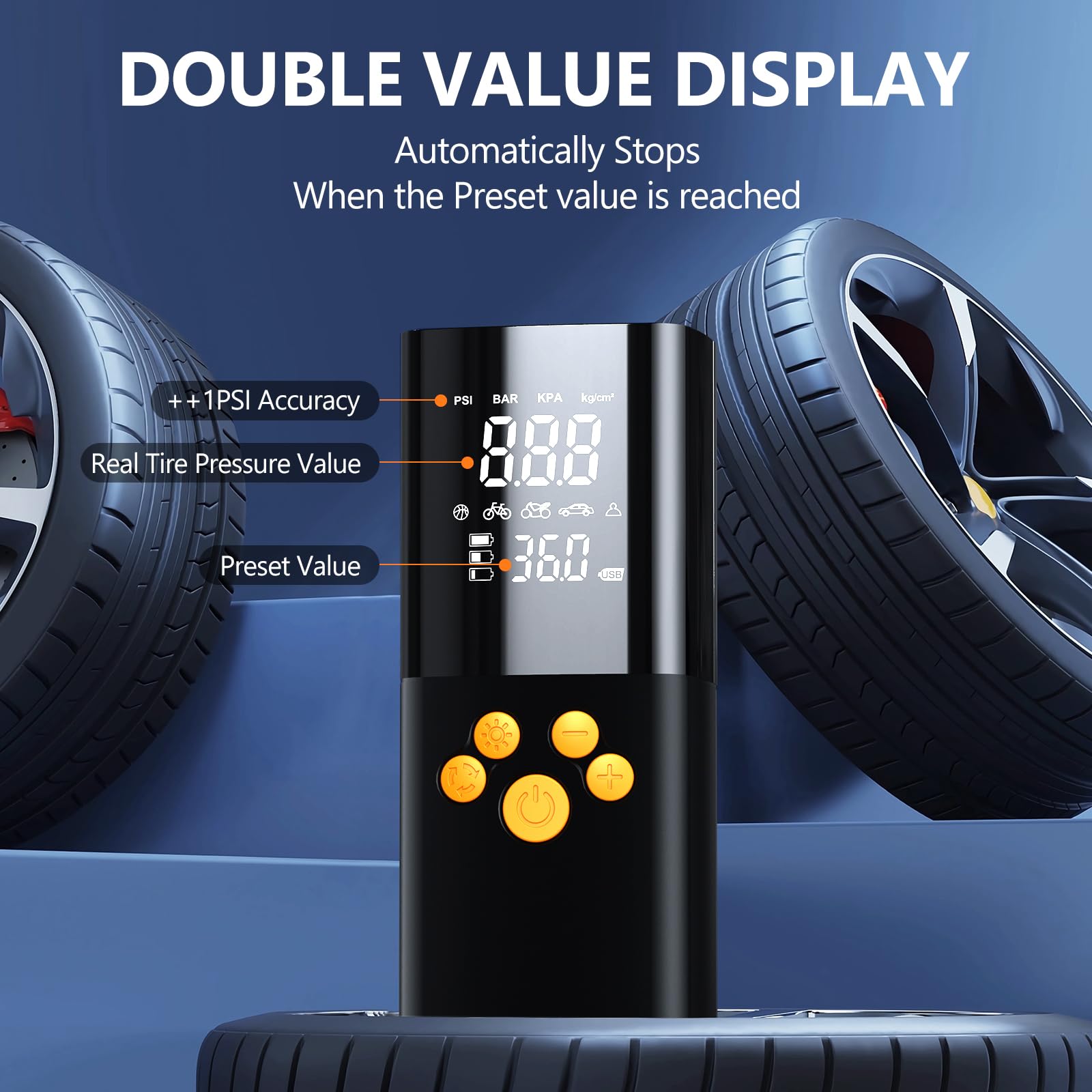 10000Mah Compresor Aire Portatil,160PSI & 2X inflador Ruedas Coche con Doble LCD Digital, inflador electrico luz LED, Manómetro, Apagado Automático para Coche, Moto, Bicicleta, Anillo de Natación
