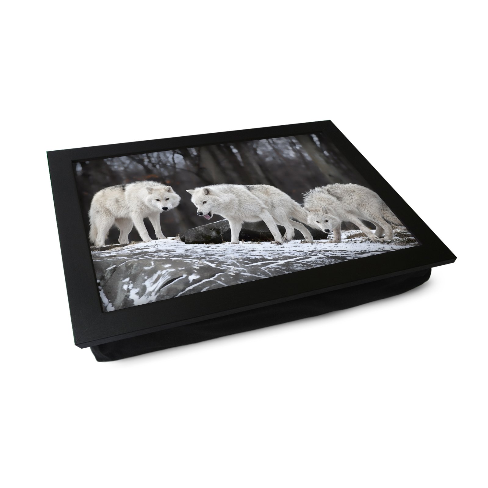 Extra Large Portable Lap Desk Tray (Three White Wolves) Wide Multi Purpose | Handmade Large Wooden Frame, Big Beanbag Cushion Bottom | Computers, Laptops, Meals, Food | 49.8cm | XL3 Black