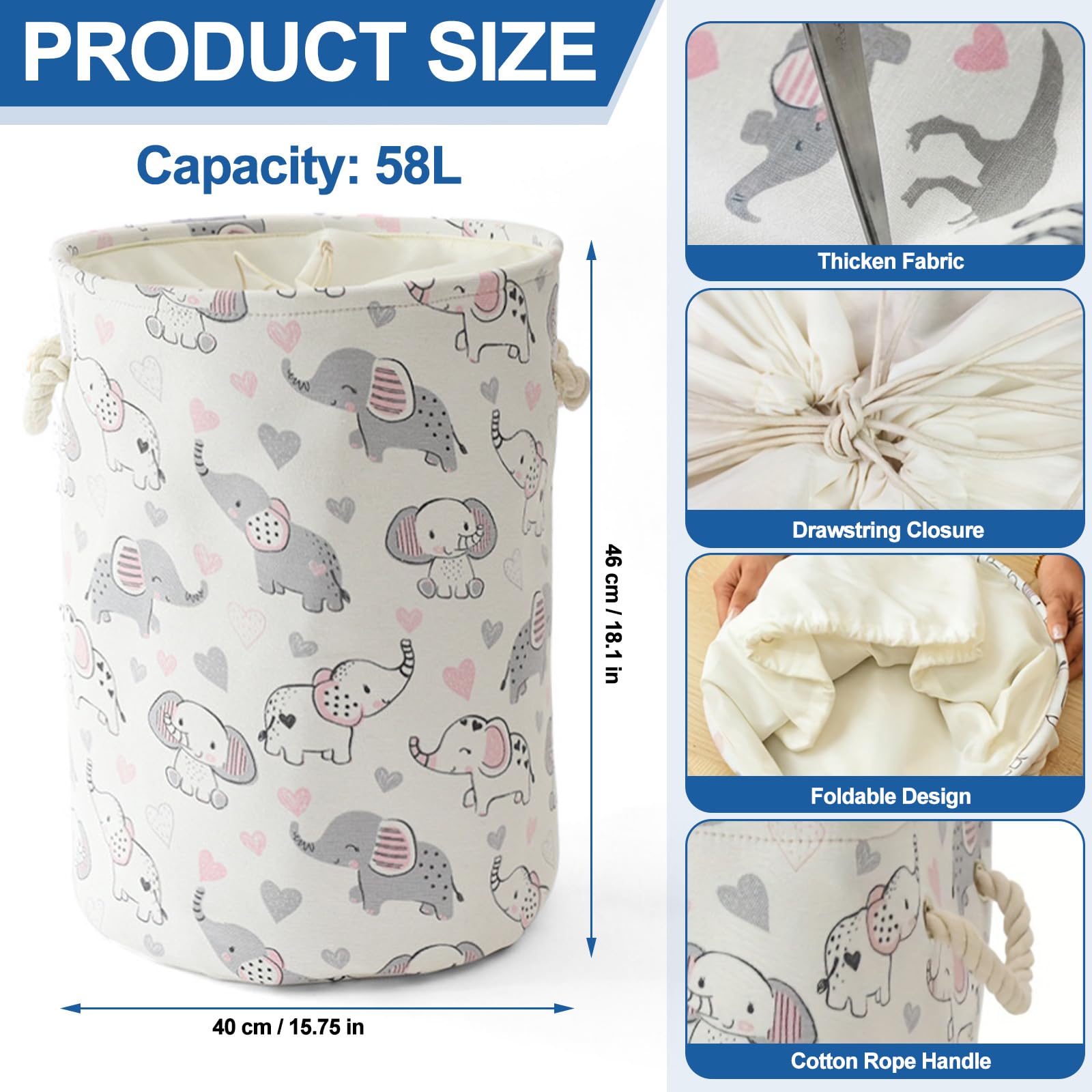 Laundry Basket 58L Toy Baskets for Kids Extra Large Baby Hamper Basket Nursery Hamper Foldable Toy Storage Baskets with Drawstring Closure - Image 2