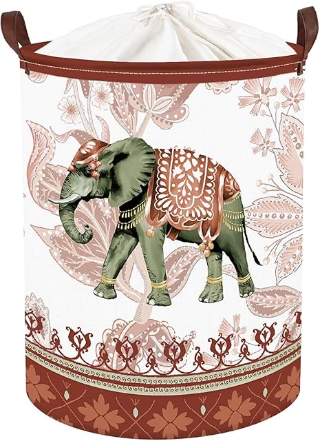 Clastyle 45L Ethnic Elephant Laundry Baskets Waterproof Red Laundry Hamper for Clothes Bedroom, 14.2x17.7 in