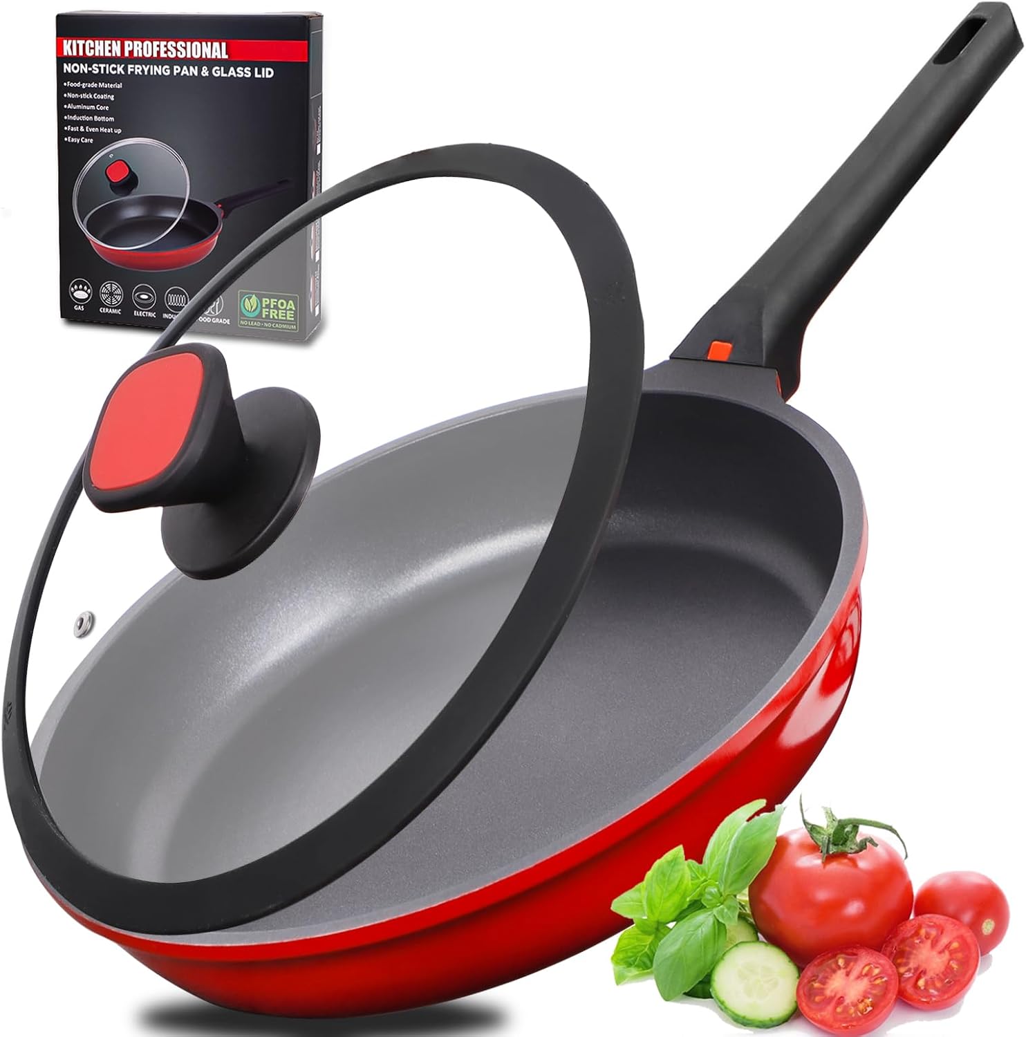 DIIG Nonstick Frying Pan Skillet with Silicone Lid, 11.5 Inch Oven Safe Chef Pan for Cooking Saute Omelet Sauce Pan Cast Aluminum Red Cookware with Stay Cool Handle, Induction All Stoves Compatible