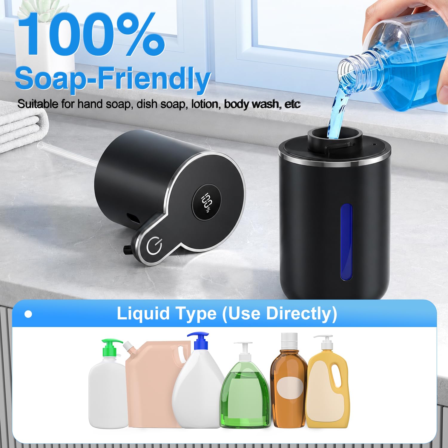 Fachixy Automatischer Seifenspender mit Digitalanzeige, wiederaufladbar, berührungsloser Seifenspender, 6 einstellbare Stufen, 380 ml, IPX5 wasserdichter Flüssigseifenspender für Badezimmer, Küche