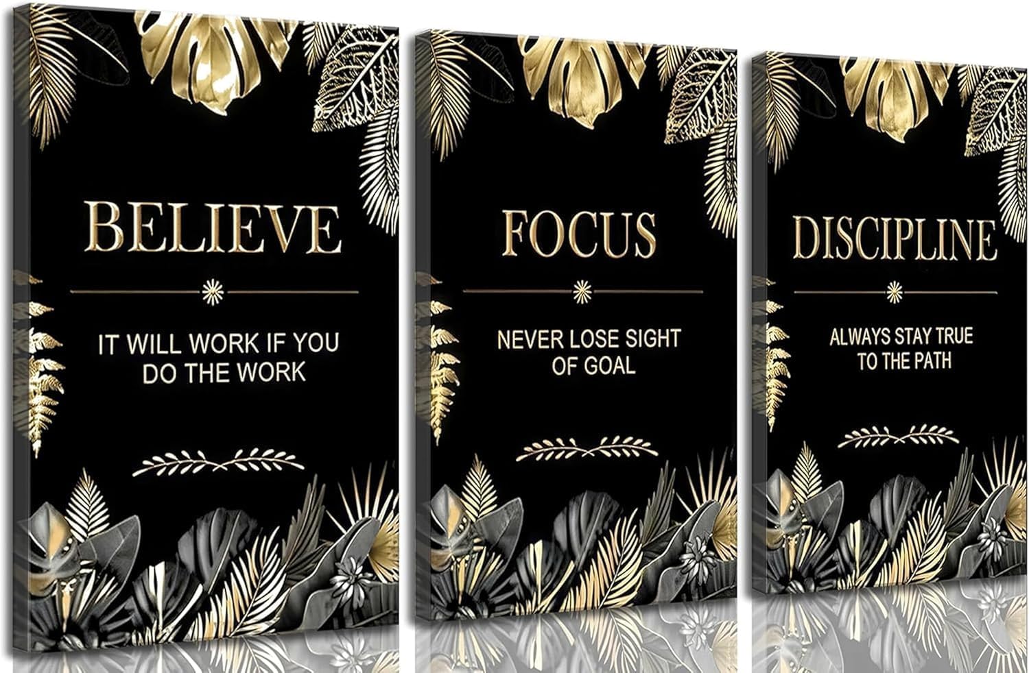 3 Pcs Black Gold Inspirational Office Canvas Wall Art believe focus disciplne Motivational Inspiring Quotes Pictures Wall Decor Poster Print Artwork for Man Cave Man Room Home Office Decoration