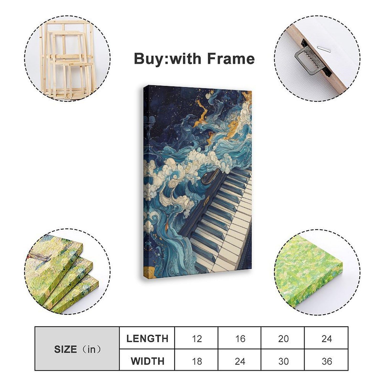 Poster con pianoforte con onde oceaniche, arte da parete musicale, poster per camera da letto, decorazione per ufficio, camera da letto, regalo, 61 cm L x 91,4 cm W