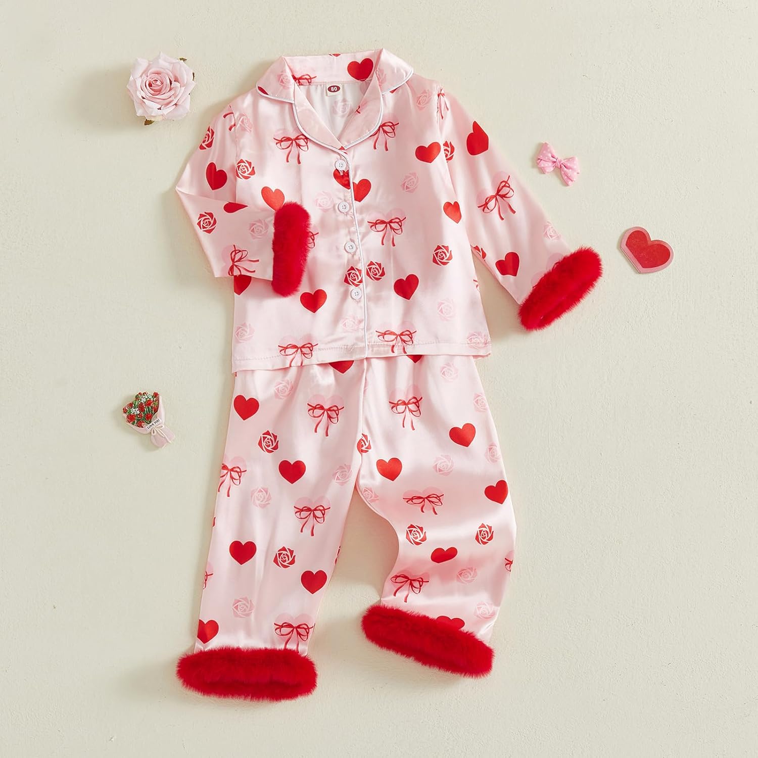 Qiylii 2-Piece Baby Girl Satin Pajamas Feather Trim Button-Up Pajamas Sleeper Silk Shirt Pant Toddler Long Nightgown - Image 3