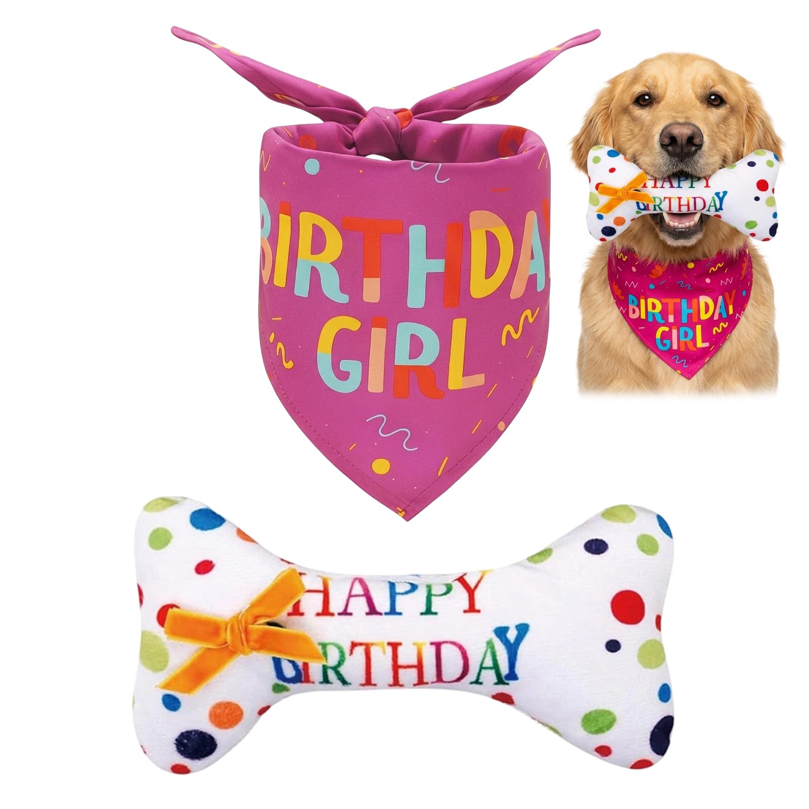 2 Piece Set Dog Birthday Present, Dog Birthday Bone Toy,Dogs Birthday Squeaky Soft Plush Gifts,Bite-Resistant to Grinding Cute Style Pet Interactive Play Toys for Celebrate Your Dog's Happy Birthdays