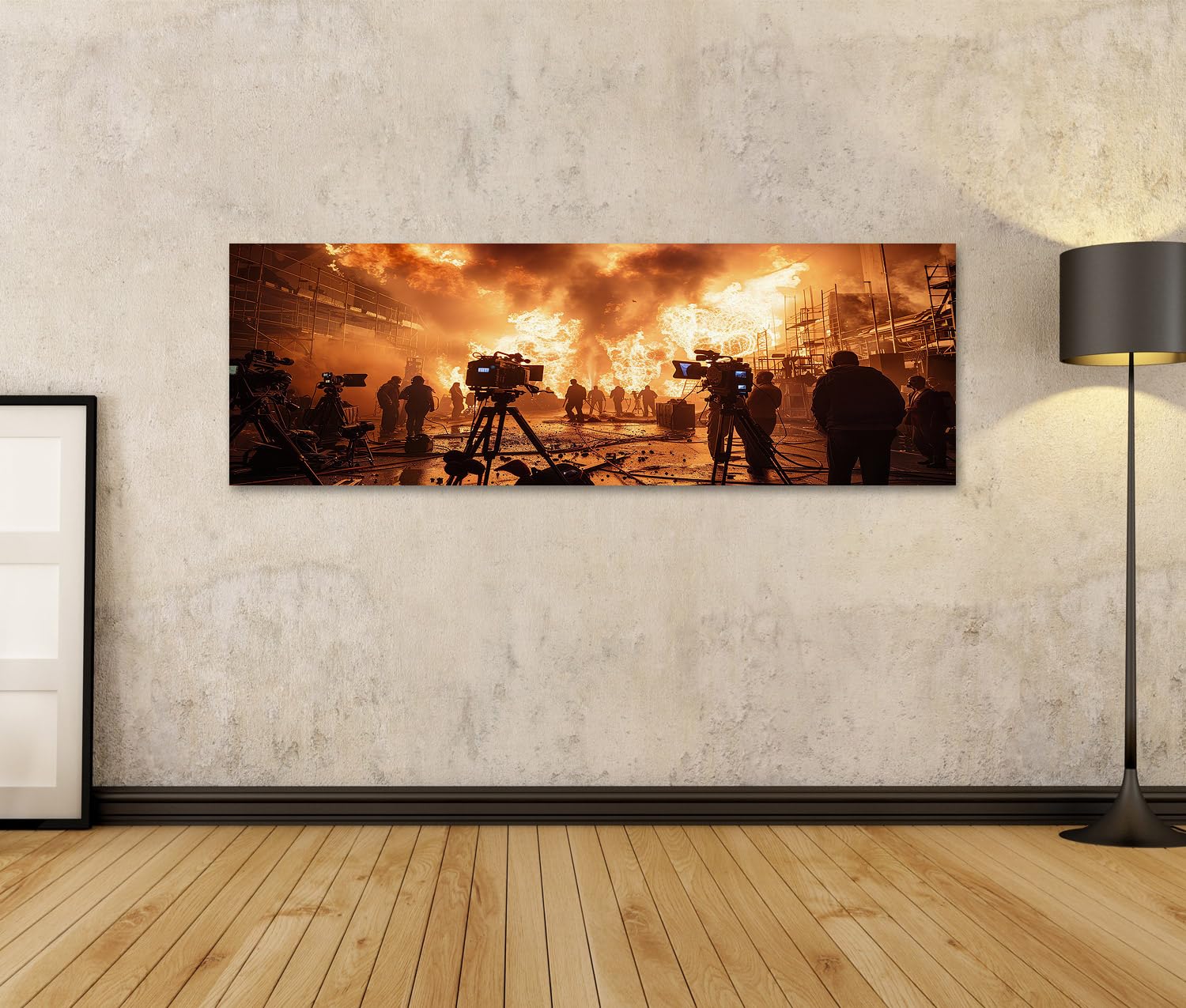 islandburner Primer cuadro sobre lienzo equipo de película filmando escena de fuego simulada por la noche con efectos controlados y cámaras imágenes murales póster