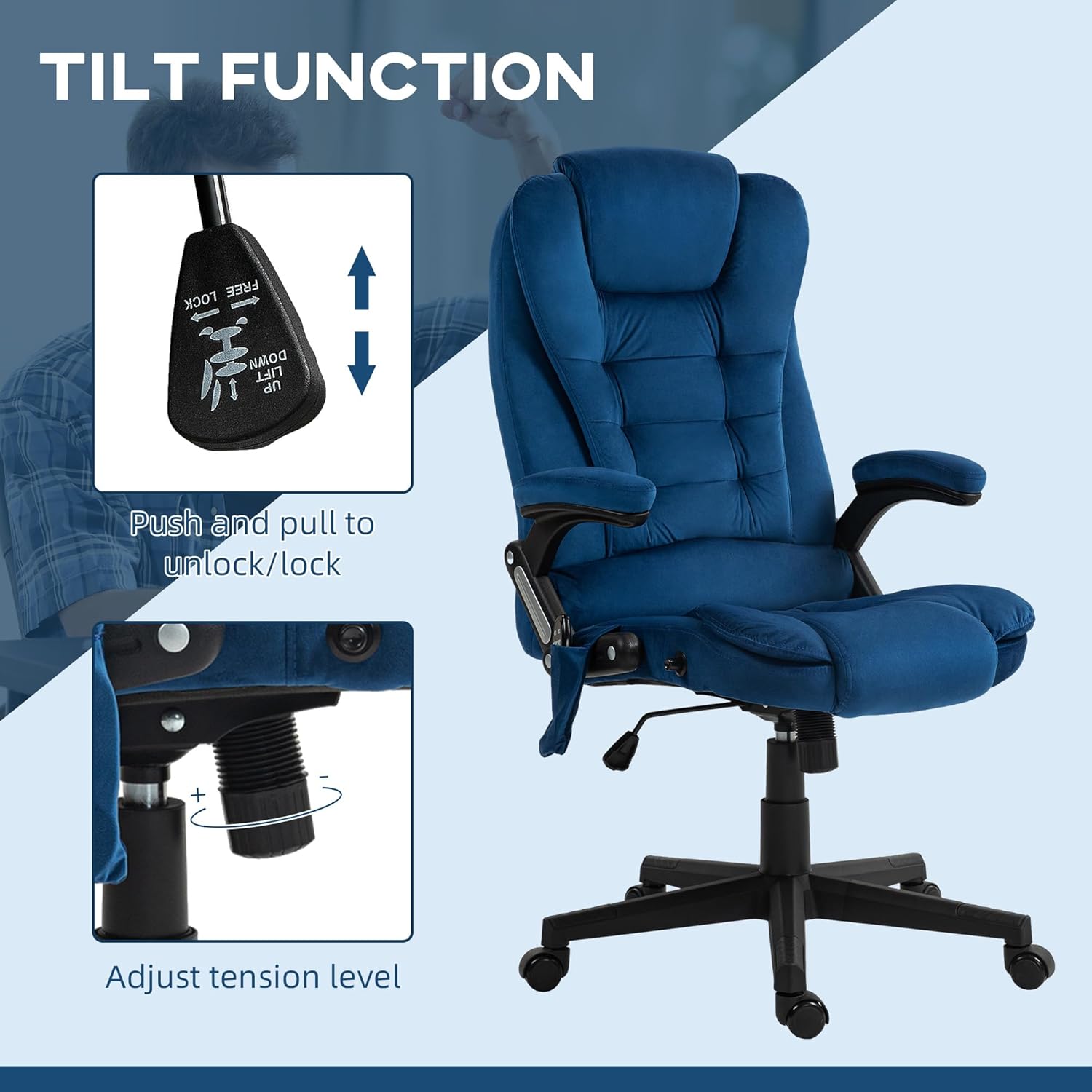 Diagram showing the height adjustment lever on the office chair